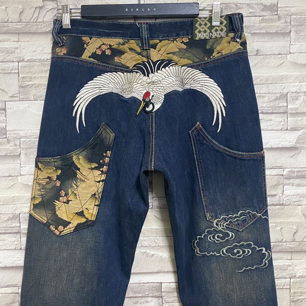 Karakuri Tamashii Japanese INFINITY Denim Embroidery Jeans Eagle Fly High Size US 33 - 10 Thumbnail
