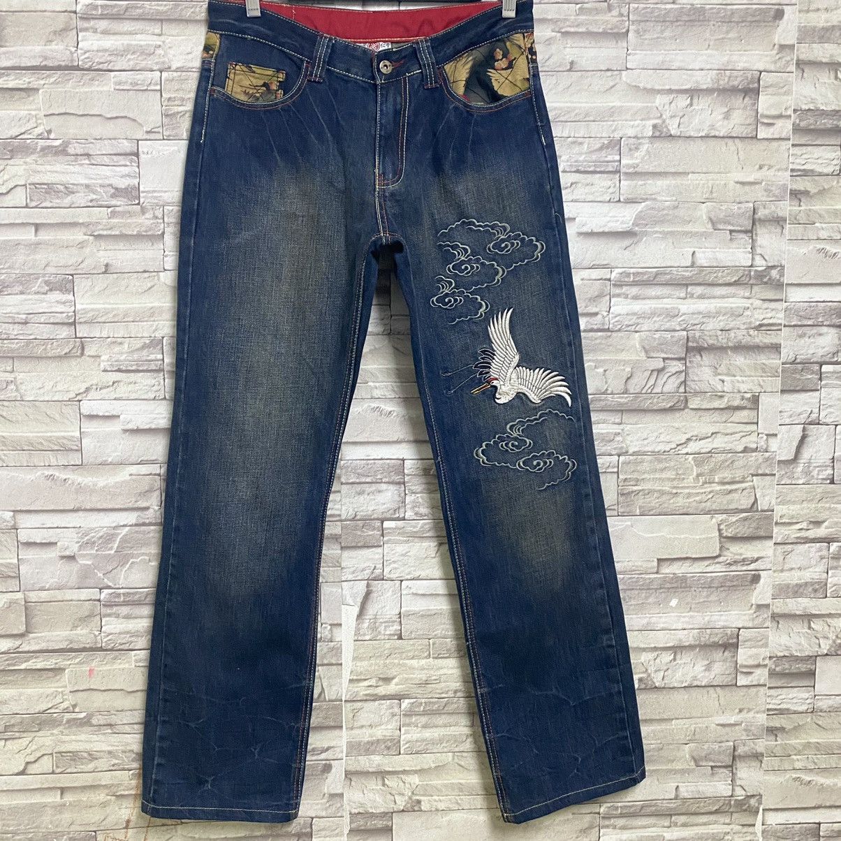 Karakuri Tamashii Japanese INFINITY Denim Embroidery Jeans Eagle Fly High Size US 33 - 3 Thumbnail