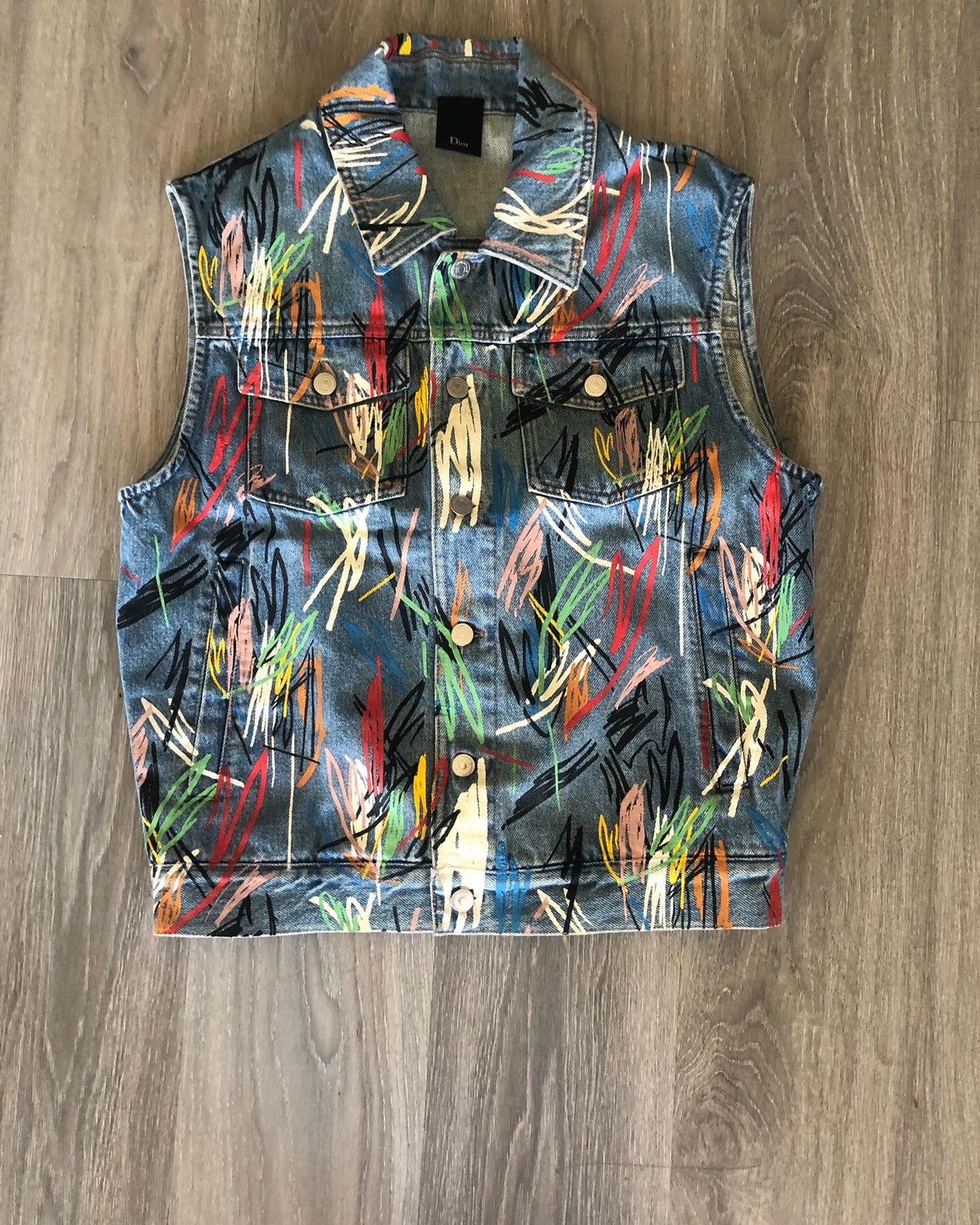 image of Dior Scribble Denim Vest in Blue, Men's (Size Medium)