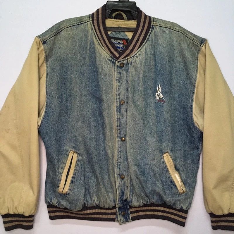 No Fear Embroidery Varsity Denim Faded Jacket