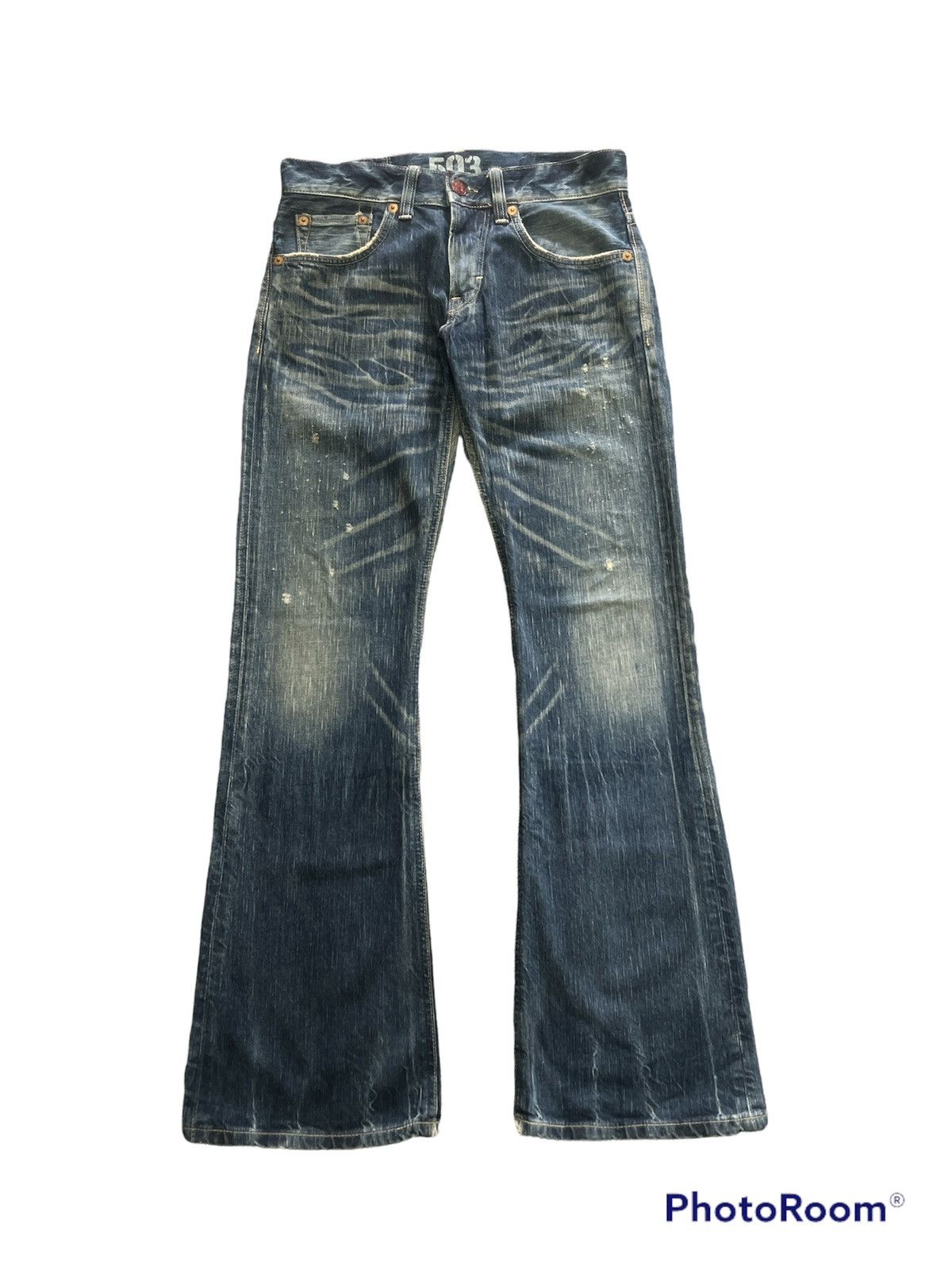 image of Distressed Denim Edwin 503 Blue Trip Flared Pants, Men's (Size 29)