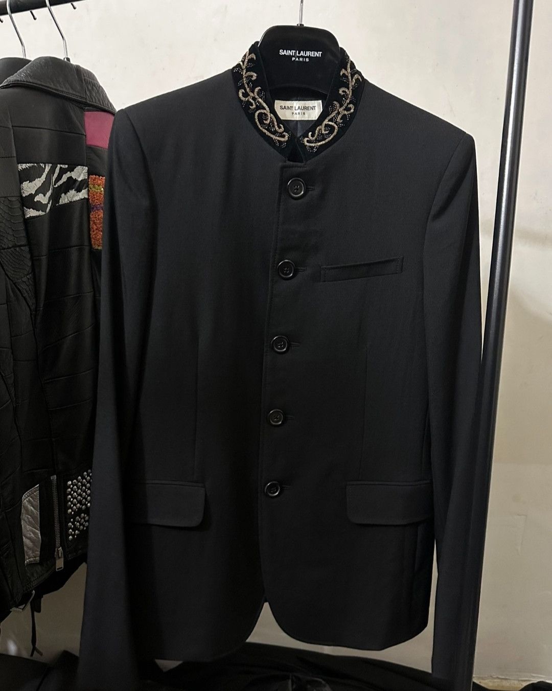 image of Saint Laurent Paris Gold Thread Embroidered Rhinestone Collar Zhongshan Suit in Black (Size XS)