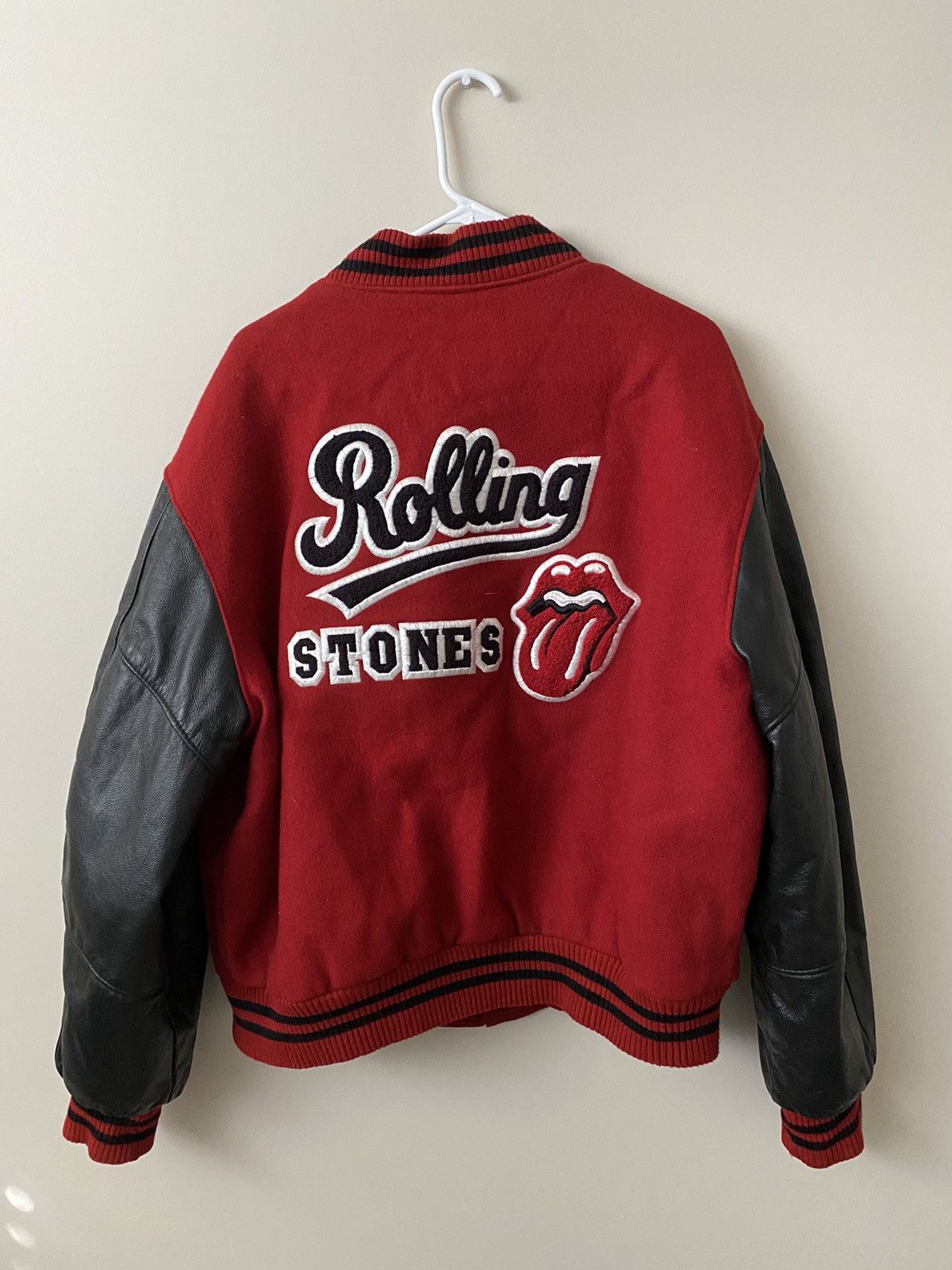 image of Made In USA x The Rolling Stones 1997 Rolling Stones World Tour Letterman Varsity Jacket in Red (Si