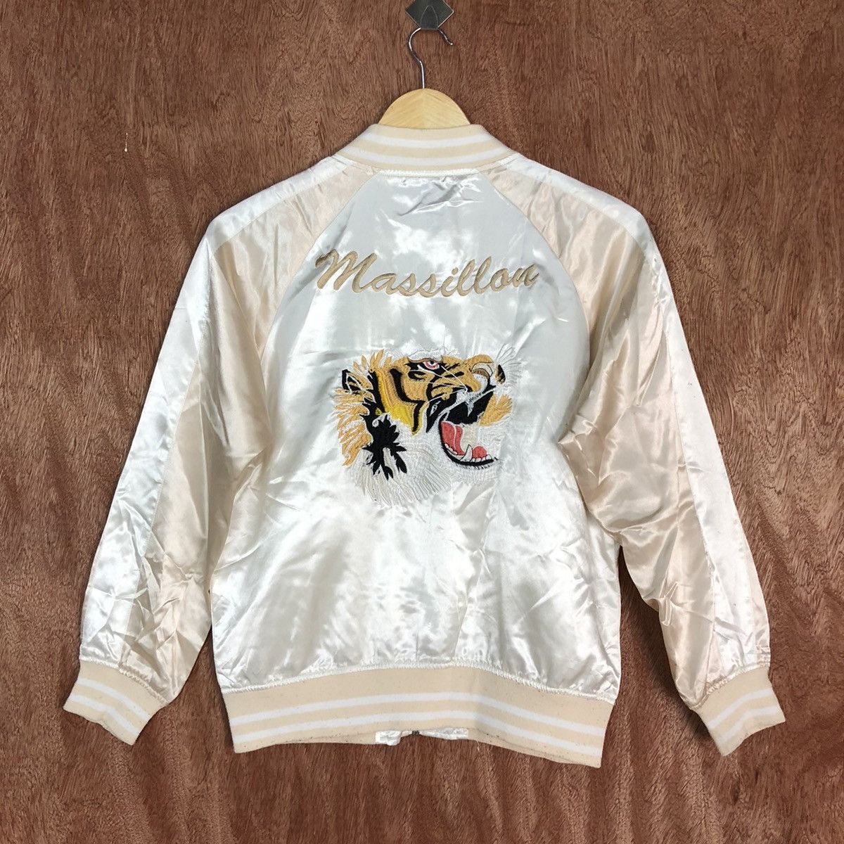 image of Browny White Tiger Embroidered Varsity Jacket 1692 in Cream, Women's (Size Medium)