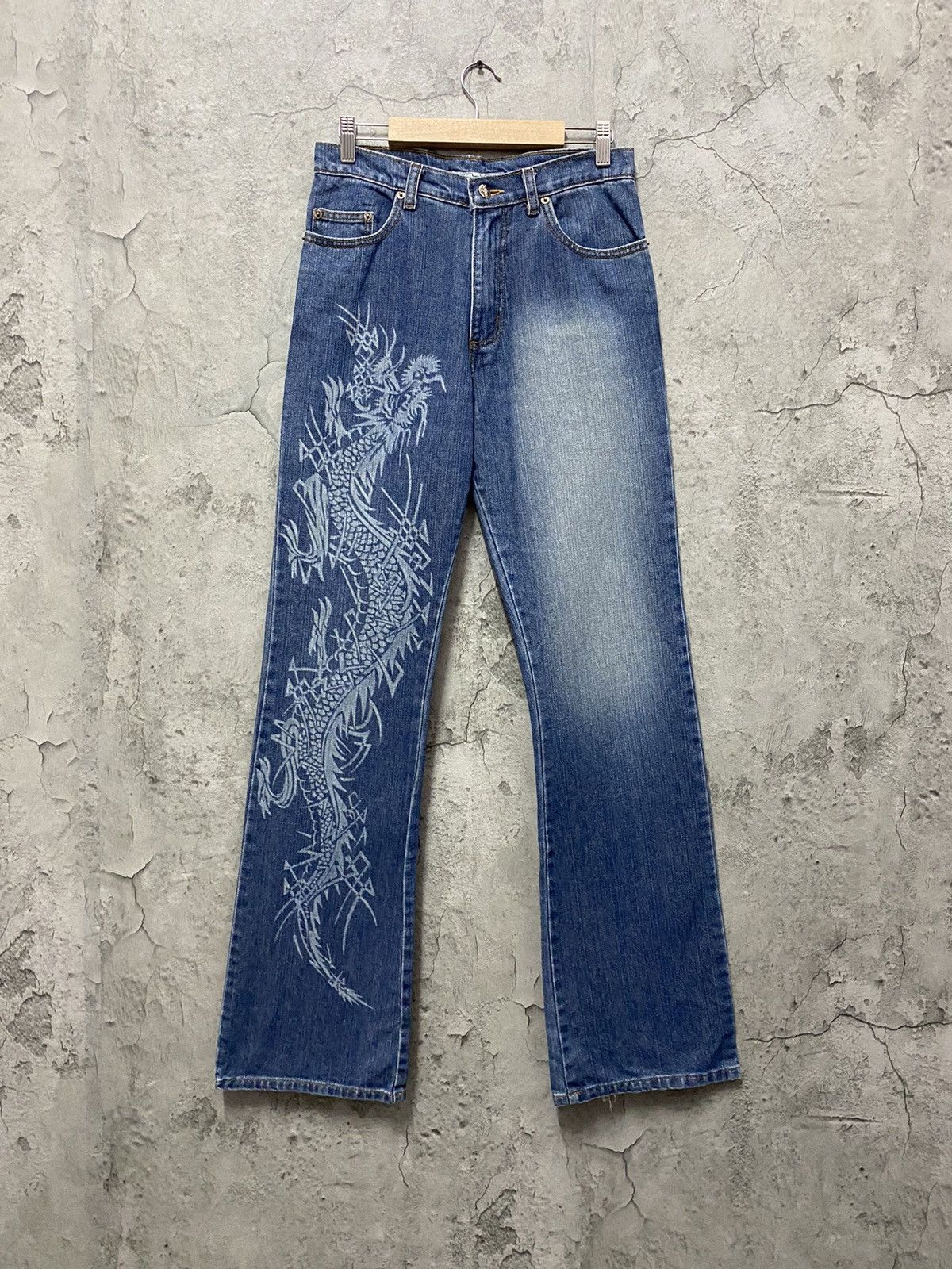 Japanese Brand Vintage Krush Dragon Split Printed Flared Denim Pants Size US 28 / EU 44 - 1 Thumbnail