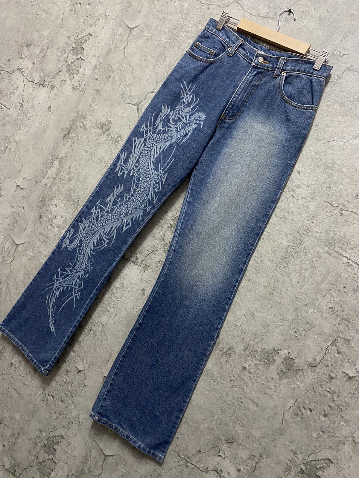 Beauty Beast Vintage Krush Dragon Split Printed Flared Denim Pants Size US 28 / EU 44 - 3 Thumbnail