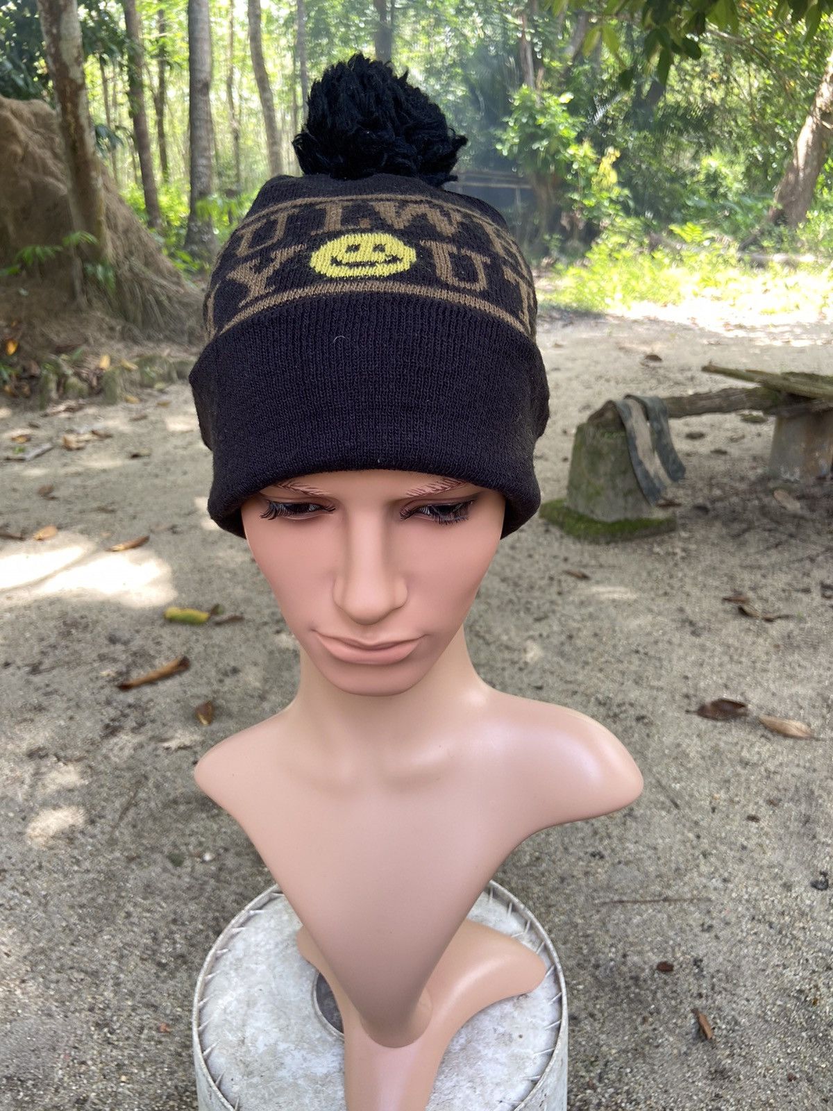 image of Archival Clothing x Ca4La Smiley Face Beanie Hat in Black, Men's