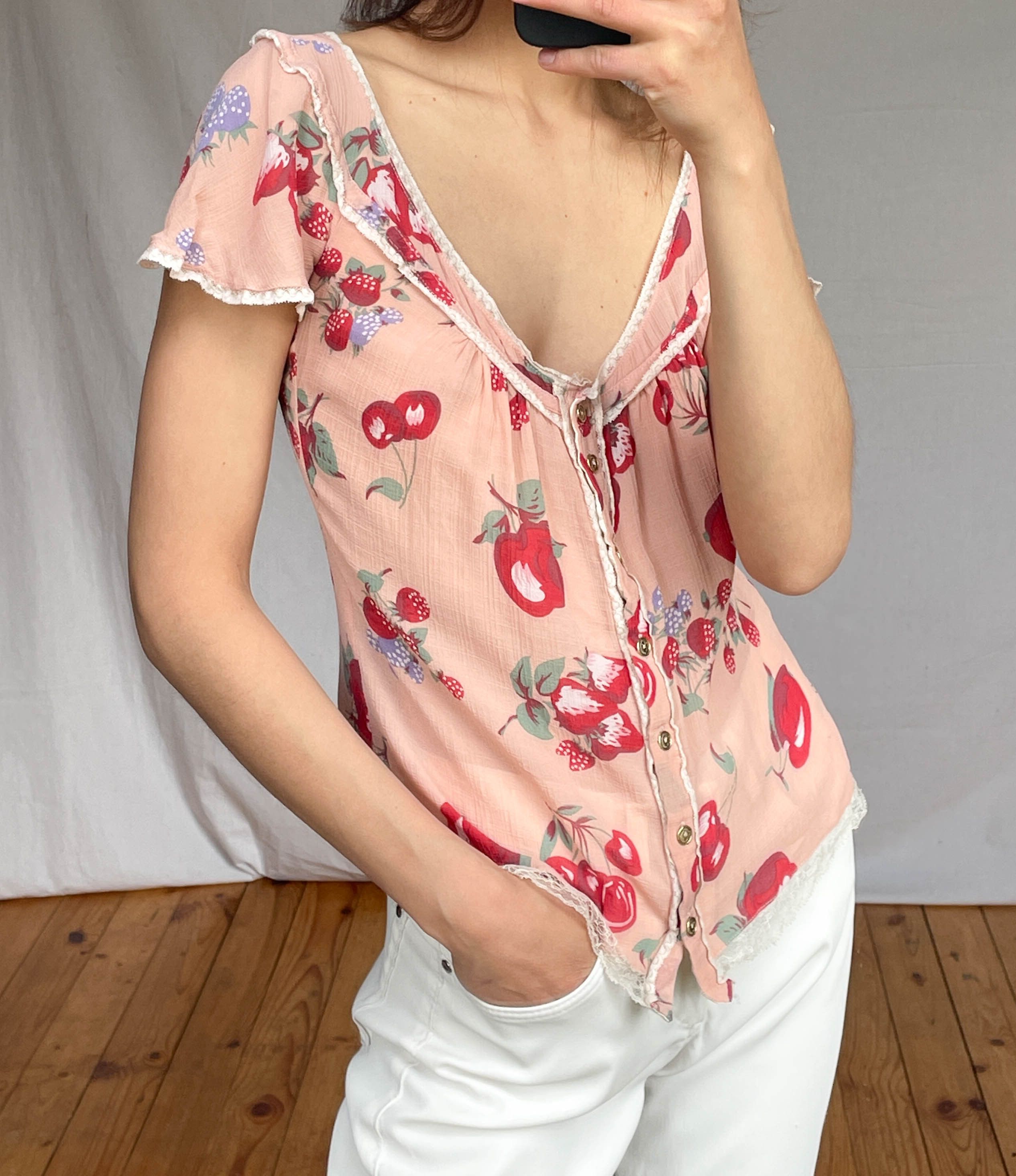 D&G vintage pink top blouse in red fruits pattern