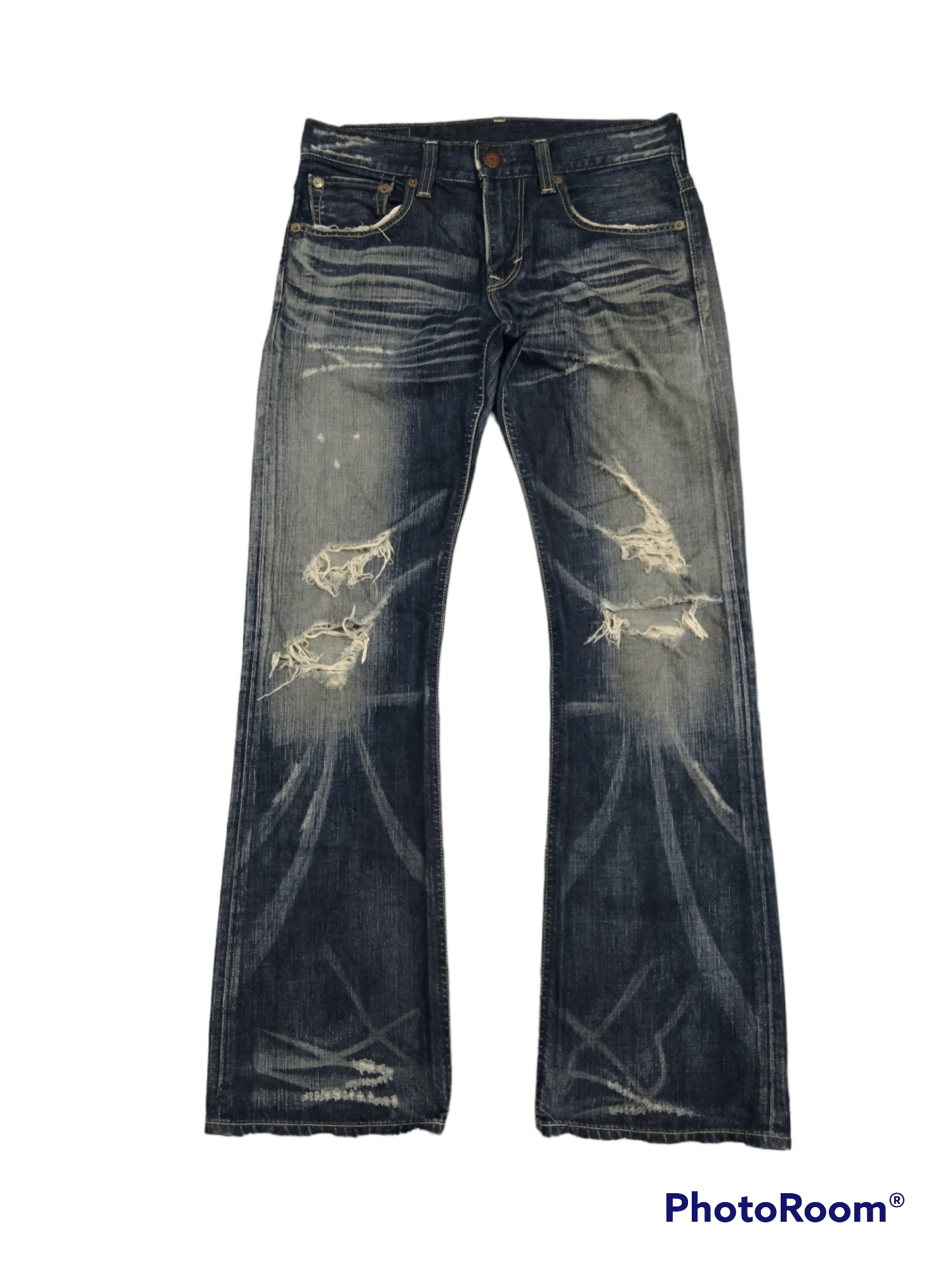 image of Distressed Denim x Hype Flaresuper Sick Riped Edwin Denim Pants in Dark Blue Distressed (Size 32)