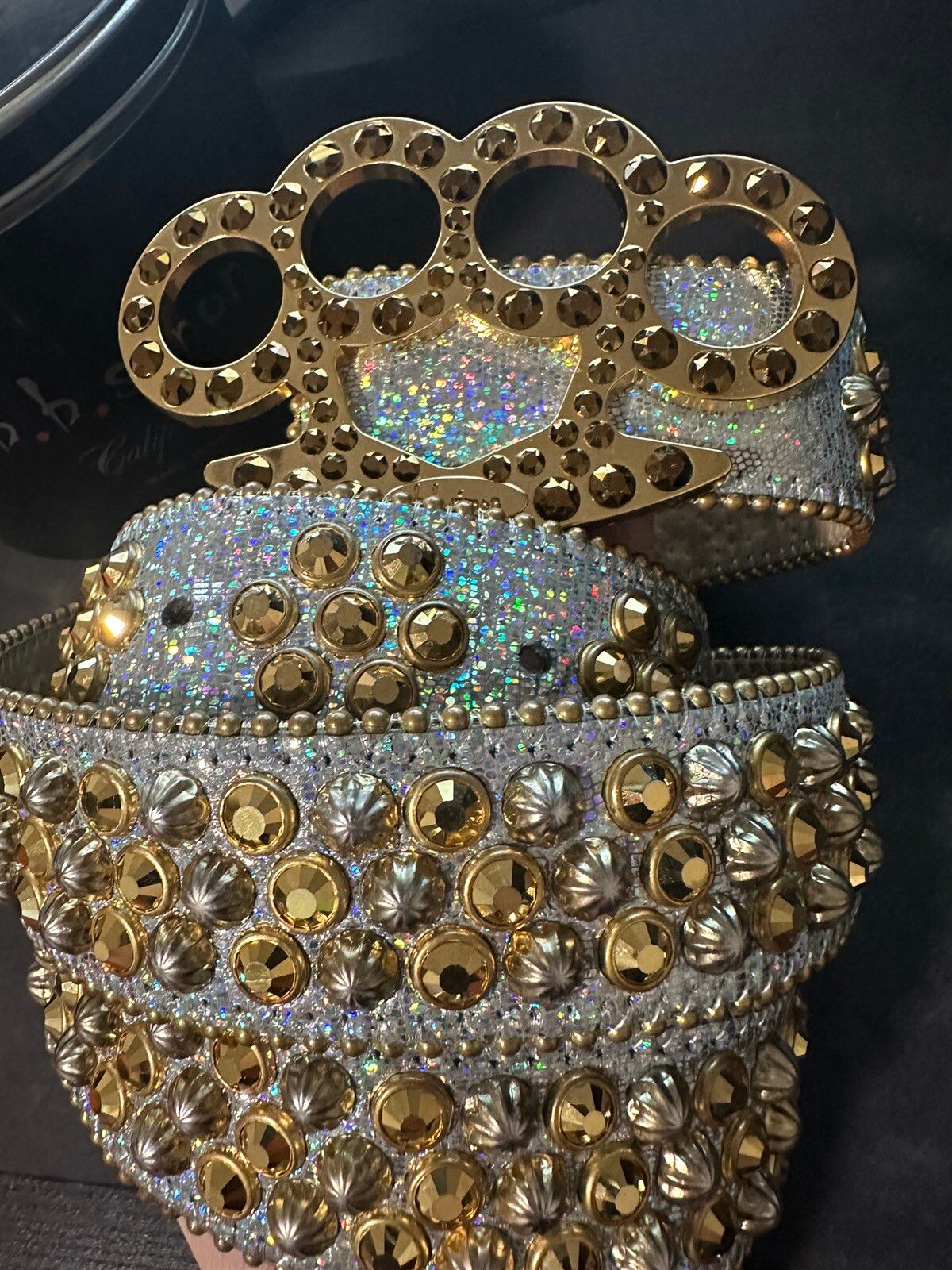 B.B. Simon Brass Knuckle Glitter Iced Out Belt Size 42 - 6 Preview