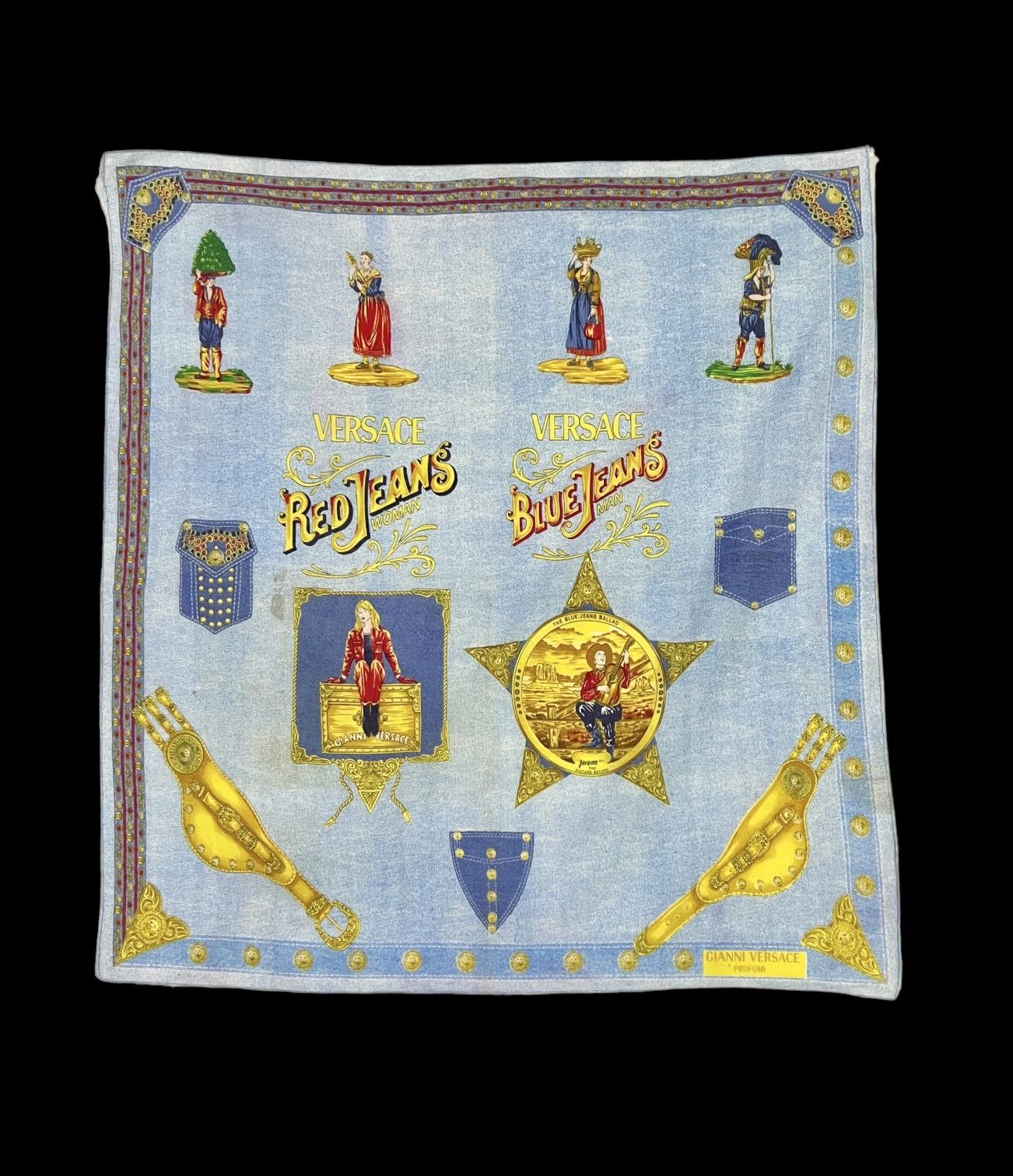 Gianni Valentino × Versace × Versace Jeans Couture GIANNI VERSACE RED BLUE JEANS PERFUME FULLPRINT HANDKERCHIEF Size ONE SIZE - 1 Thumbnail