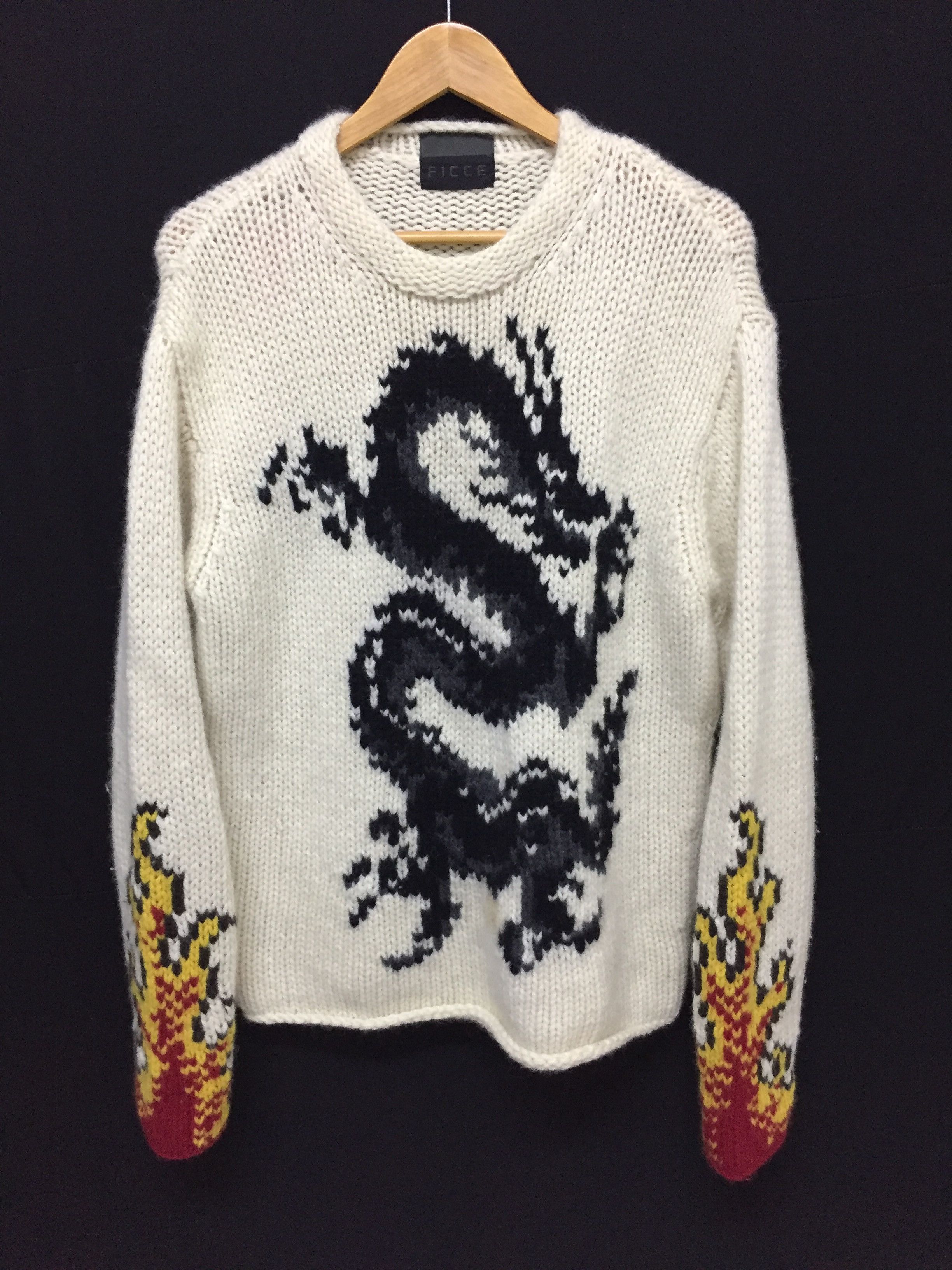 Yoshiyuki Konishi 90's FICCE intarsia Dragon fire flame cable knit Size US M / EU 48-50 / 2 - 3 Thumbnail