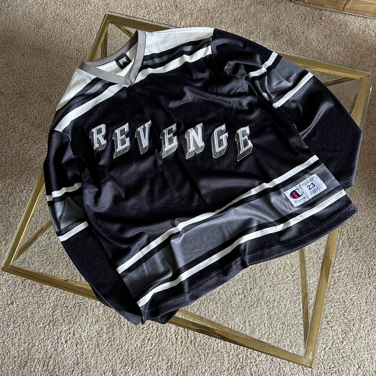 image of Made In USA x Revenge Striped Embroidered New York Rangers Hockey Jersey in Black, Men's (Size XL)