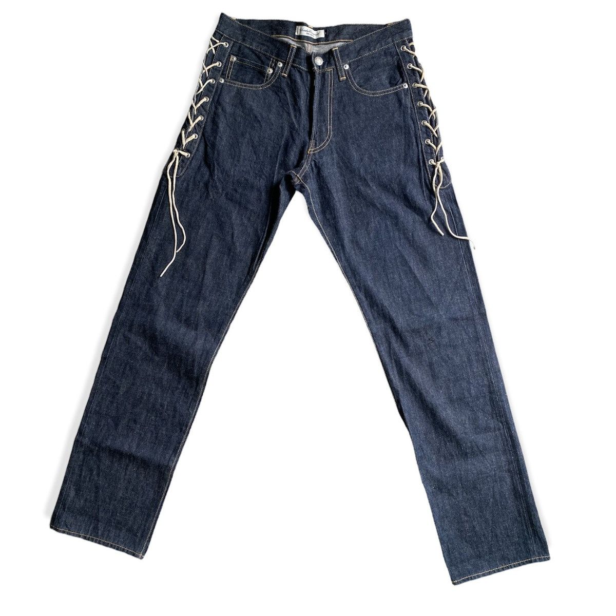 Image of Undercover Ss08 Summer Madness Side Lace Jeans in Raw Blue, Men's (Size 30)