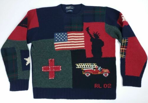 Image of Vintage Polo Ralph Laurent 9/11 Fdny Tribute Patchwork Knit, Men's (Size 2XL)