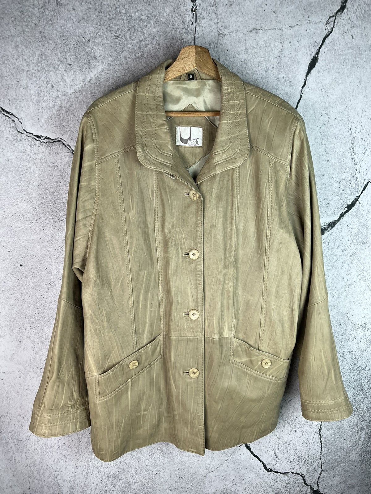 image of Vintage Avant Garde Multicolor Leather Coat in Beige, Men's (Size Medium)
