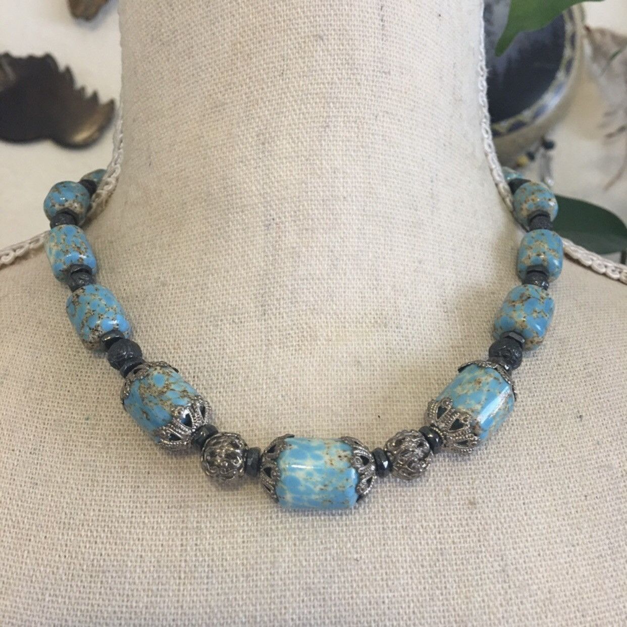 Vintage Caribbean blue jasper bead necklace