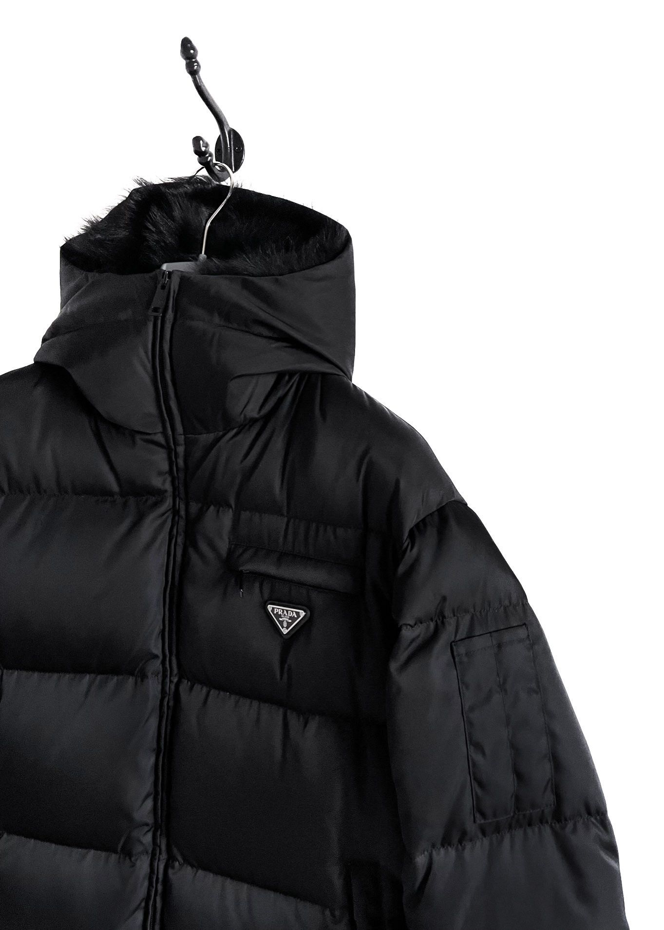 Prada Prada 2020 Black Re-Nylon Gabardine Coat Dye Sheep Fur Trim Size S / US 4 / IT 40 - 2 Thumbnail
