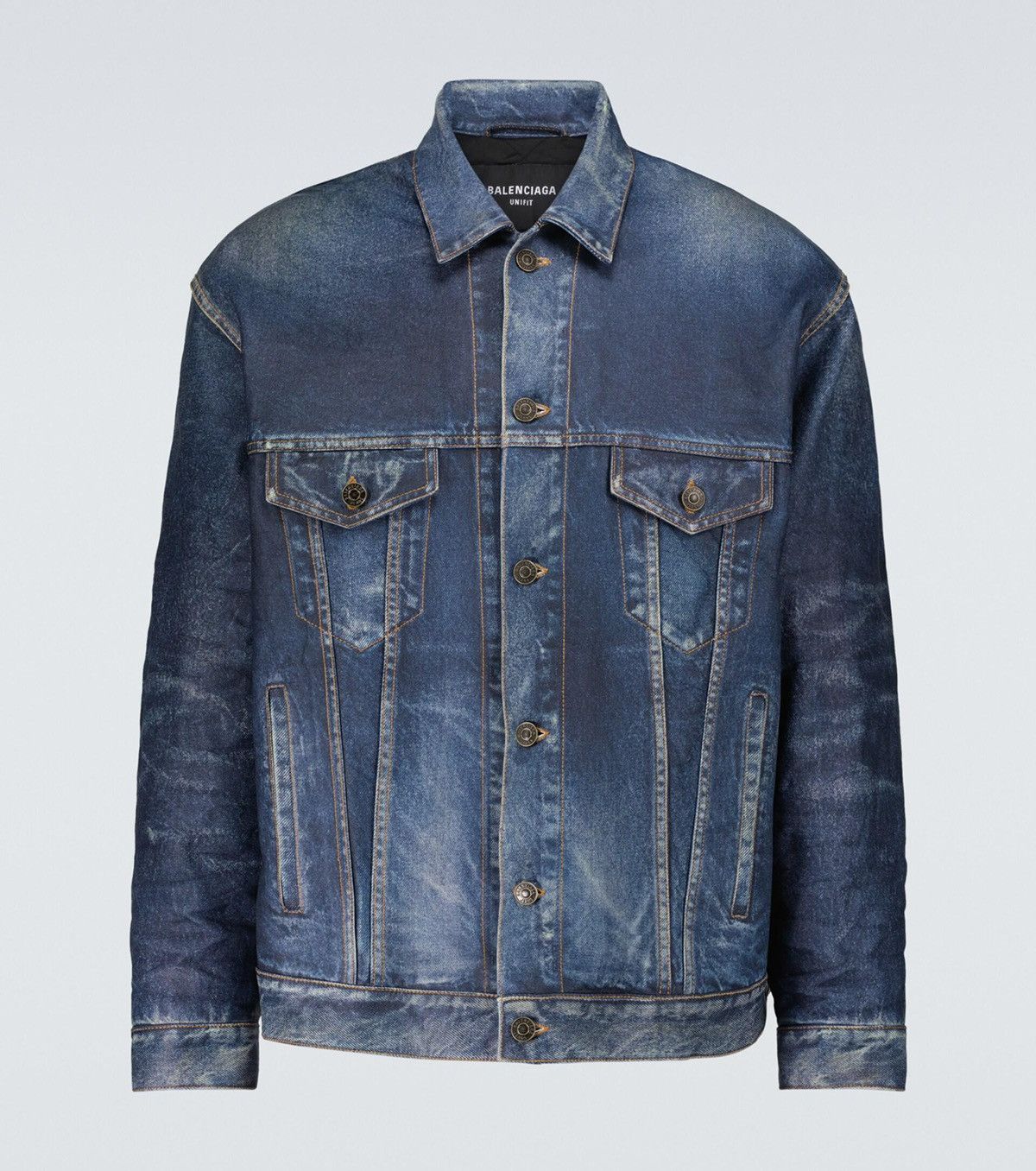 image of $5.3K ValueBalenciaga Denim Effect Printed Leather Jacket in Navy, Men's (Size Small)