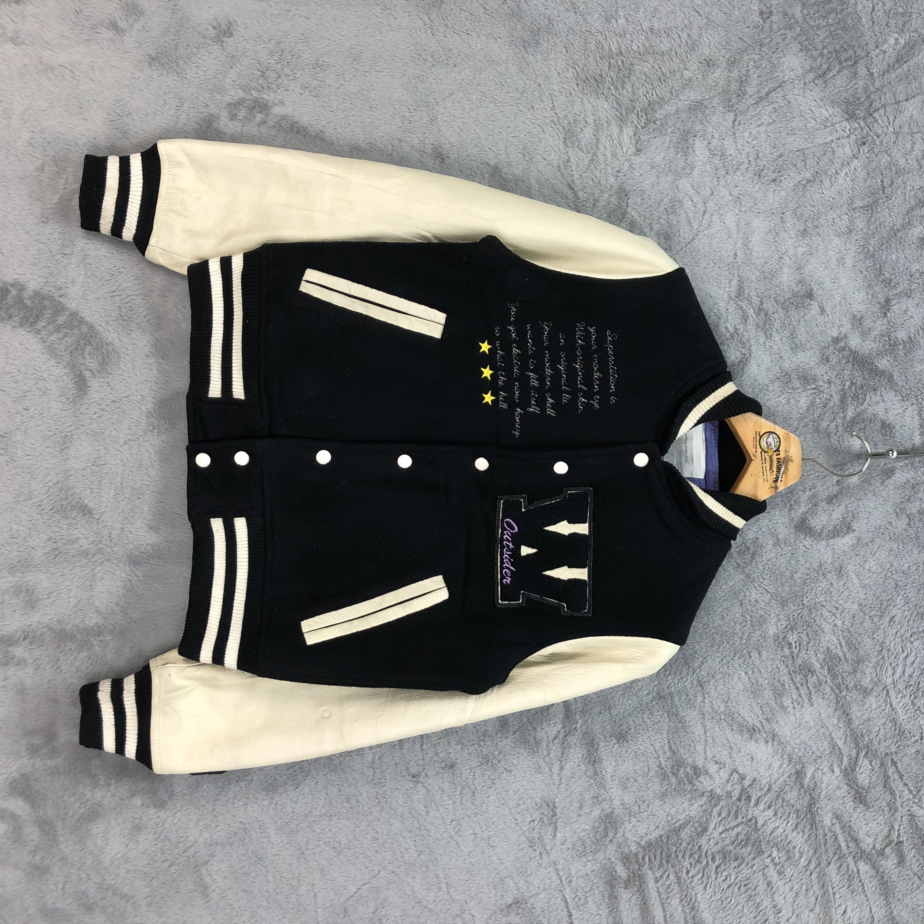 image of Bomber Jacket World Wide Love! Wool Leather Varsity Jacket 4894-31 in Black, Women's (Size Small)
