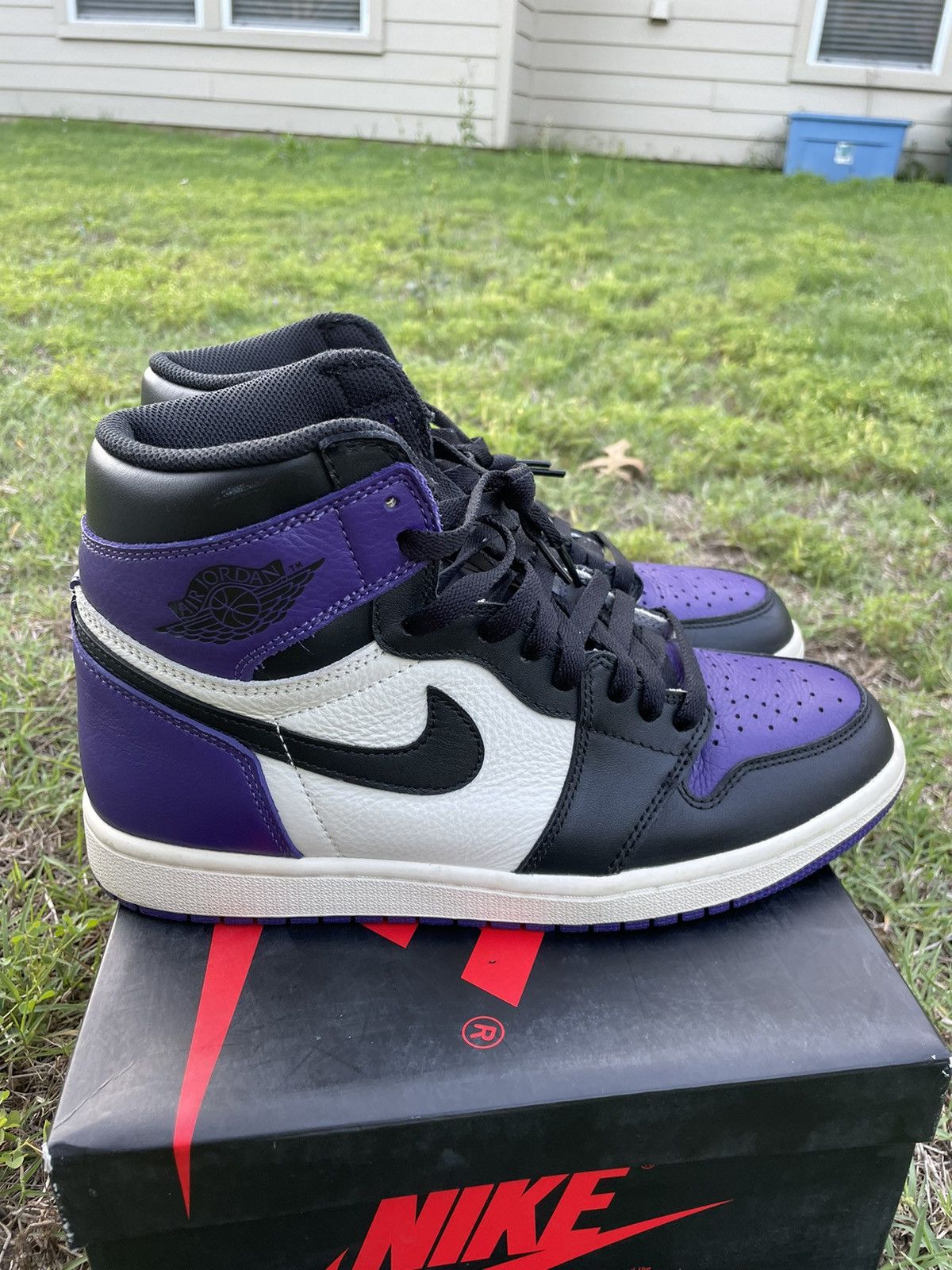 image of Nike Jordan 1 Retro Court Purple 1.0 Shoes in Black Purple White, Men's (Size 10)