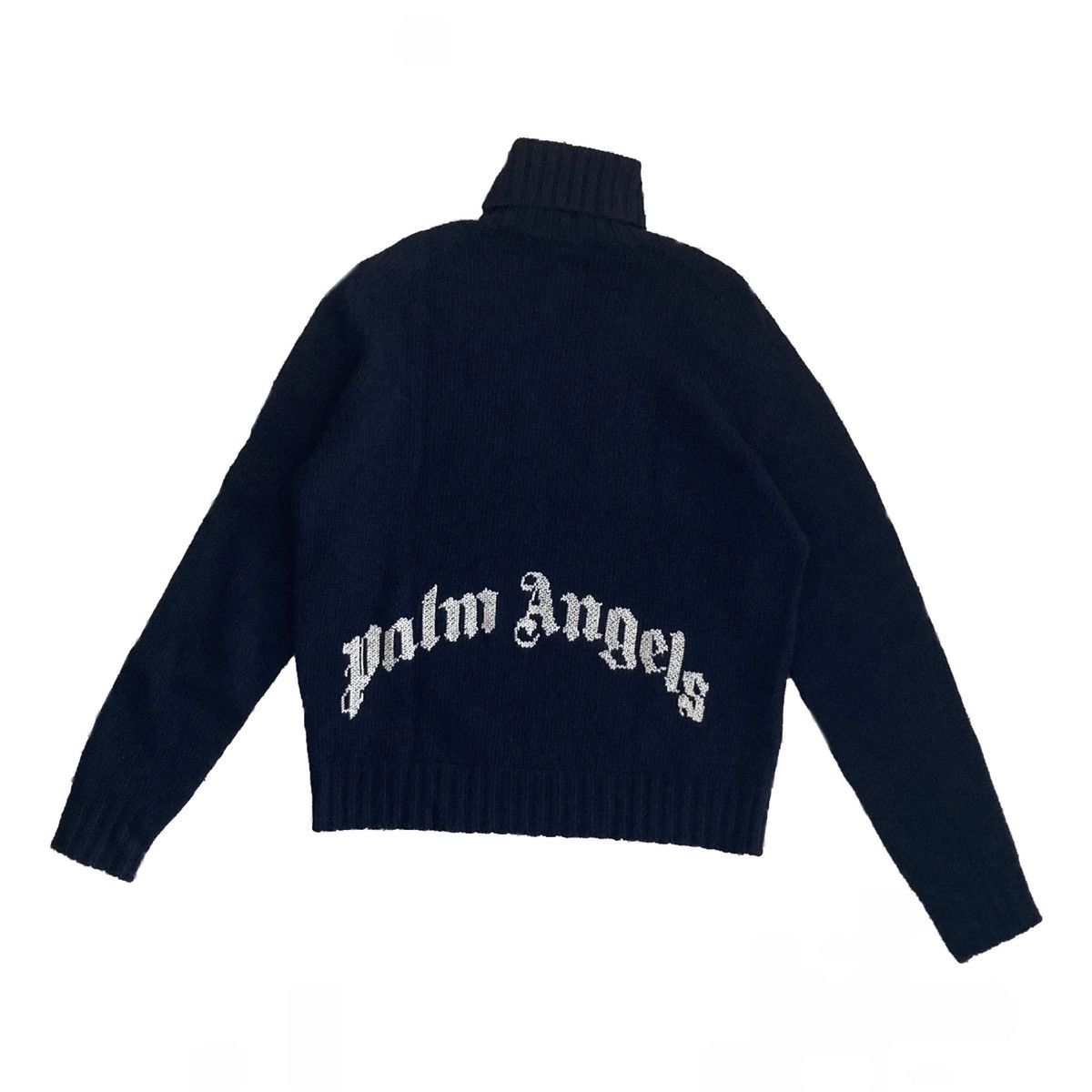 image of New Palm Angels Curved Logo Knit Turtleneck Sweater Small in Navy, Men's