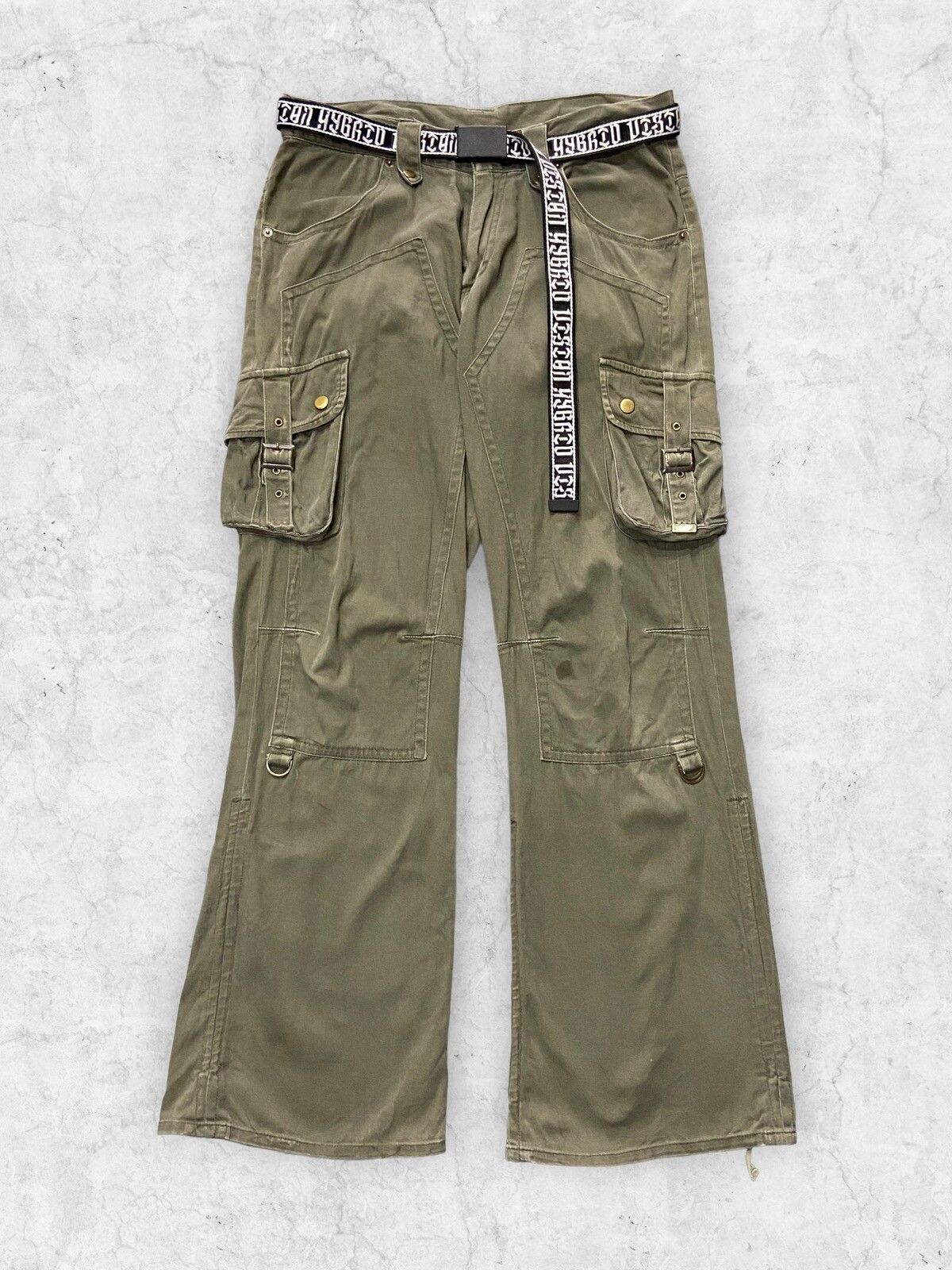 Pre-owned Le Grande Bleu L G B X Vintage Y2k Semantic Design Baggy Flared Double Knee Tactical Pants In Faded Green