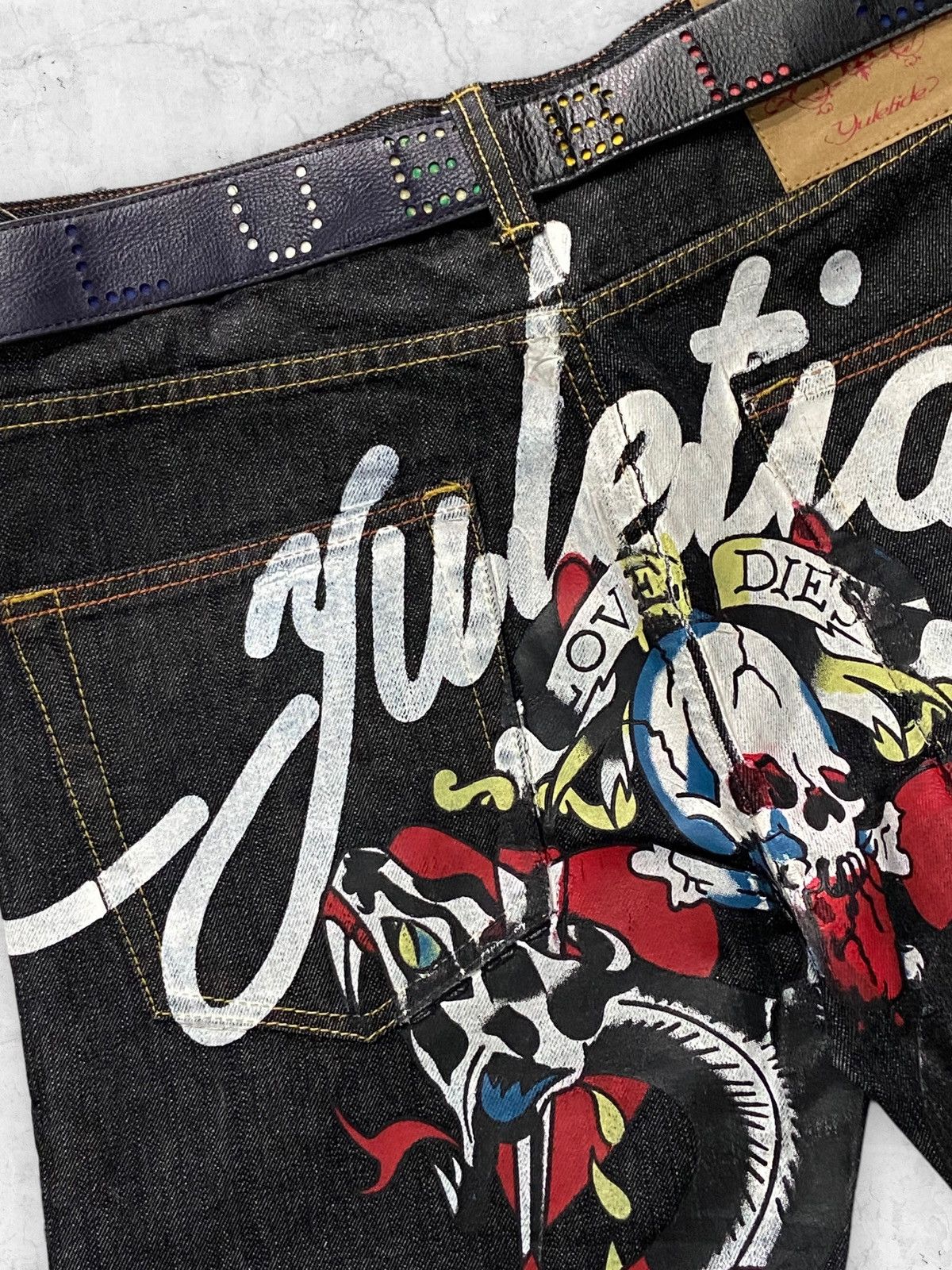 Christian Audigier × Ed Hardy × Japanese Brand Yuletide Japan Ed Hardy Style Skull Tattoo Denim Pants Size US 34 / EU 50 - 6 Thumbnail