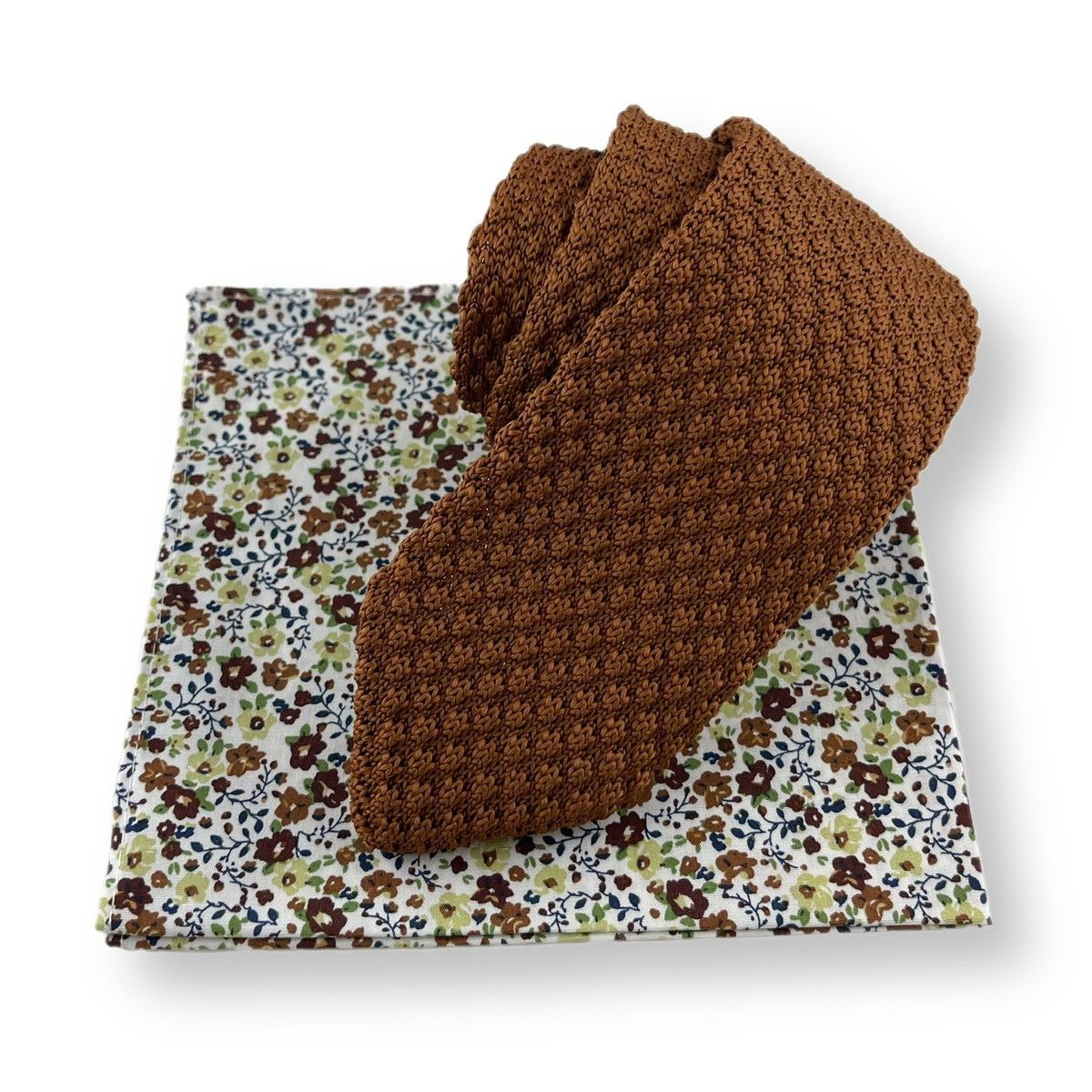 Other Men’s Russet Brown Knit Necktie & White Floral Pocket Square Size ONE SIZE - 1 Thumbnail