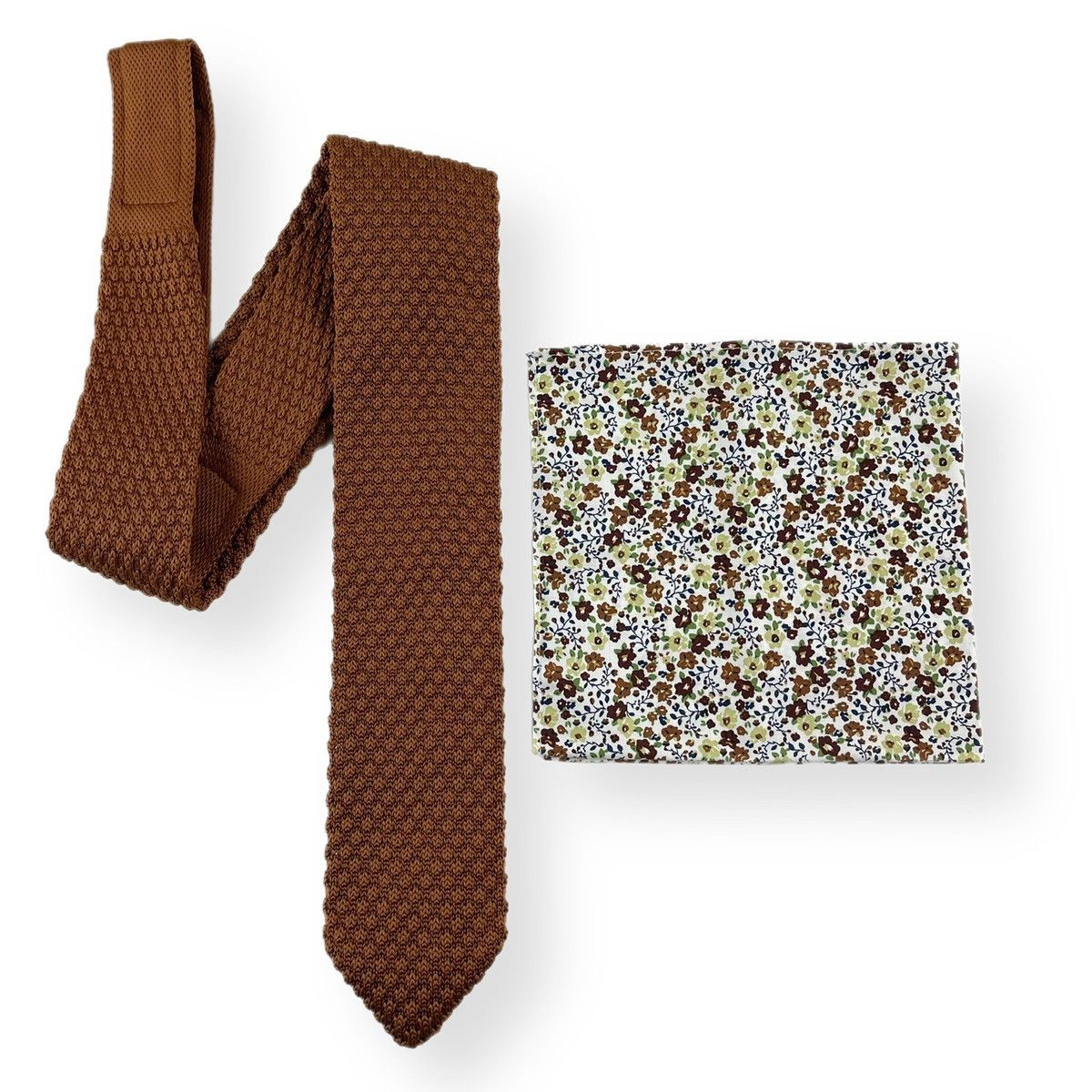 Other Men’s Russet Brown Knit Necktie & White Floral Pocket Square Size ONE SIZE - 3 Thumbnail