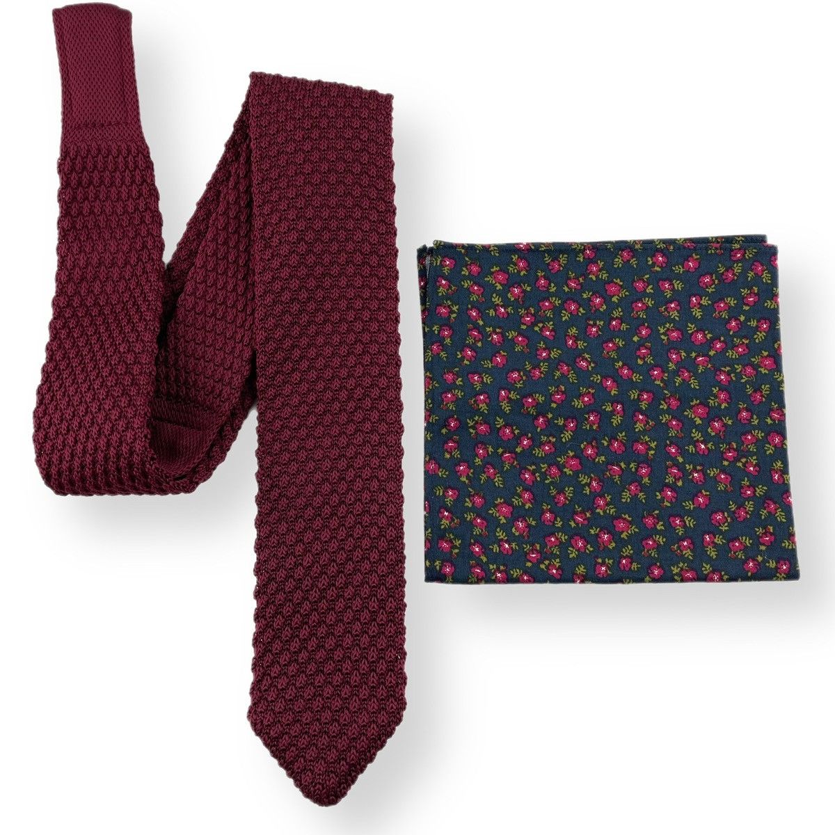 Other Men’s Burgundy Knit Necktie & Navy Floral Pocket Square Size ONE SIZE - 3 Thumbnail