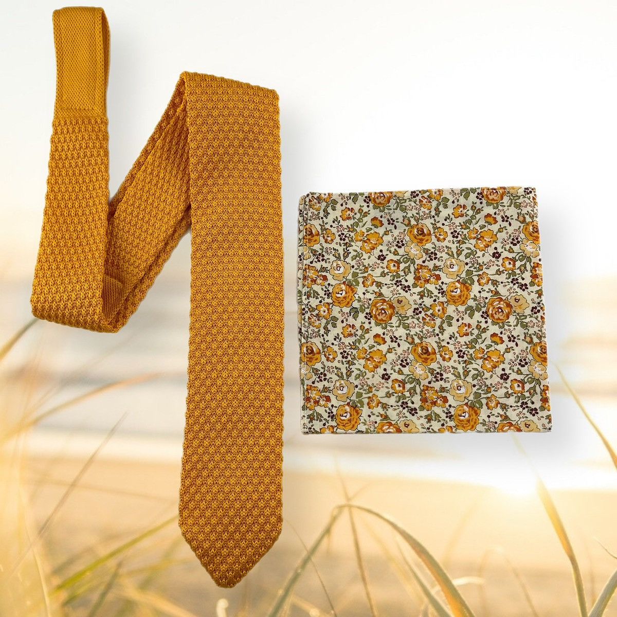 Other Men’s Marigold Knit Necktie & Floral Pocket Square Set Size ONE SIZE - 3 Thumbnail