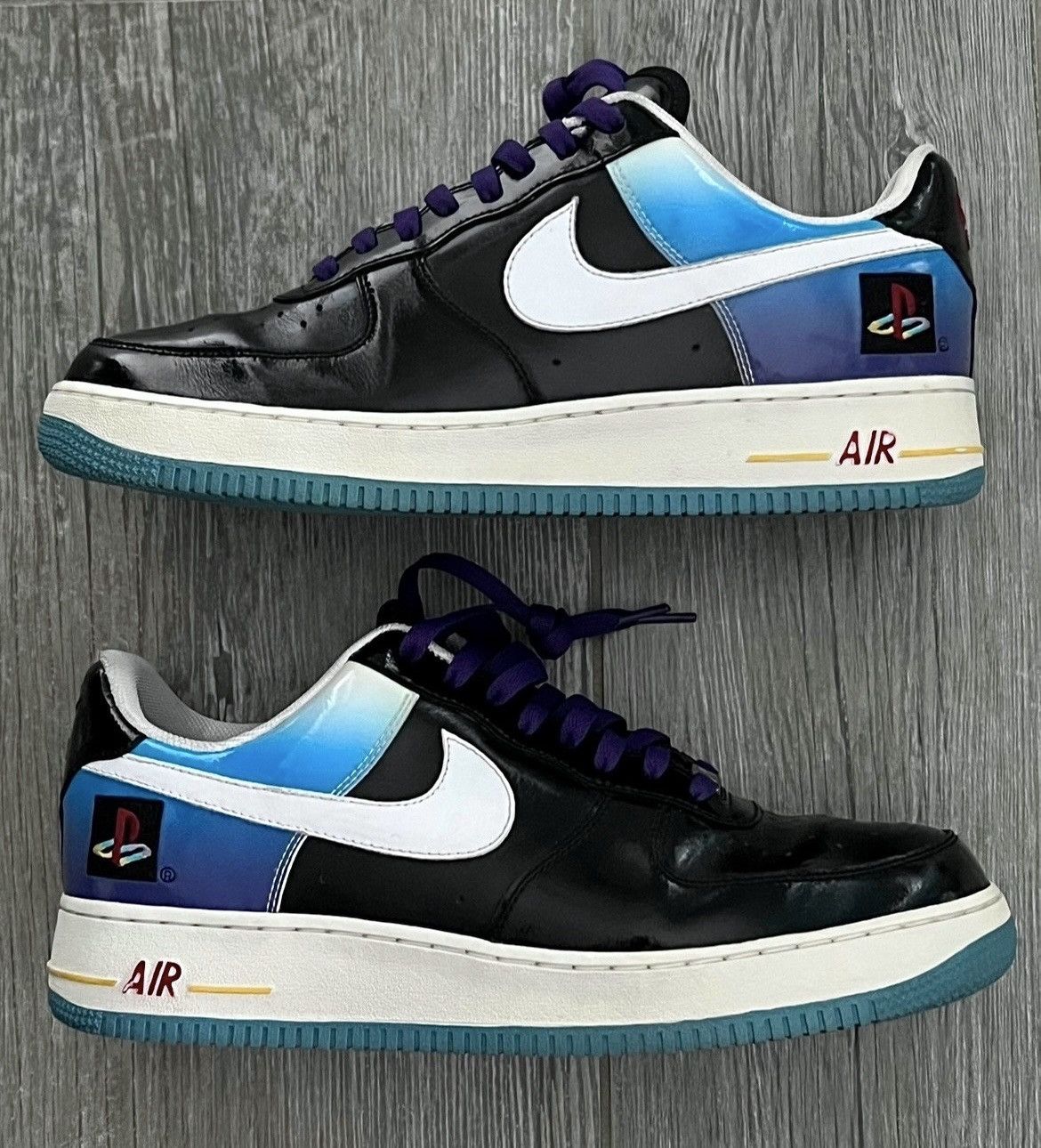 image of 2009 Nike Playstation Air Force 1 Patent Leather Sample Shoes in Blue Purple Black, Men's (Size 11)