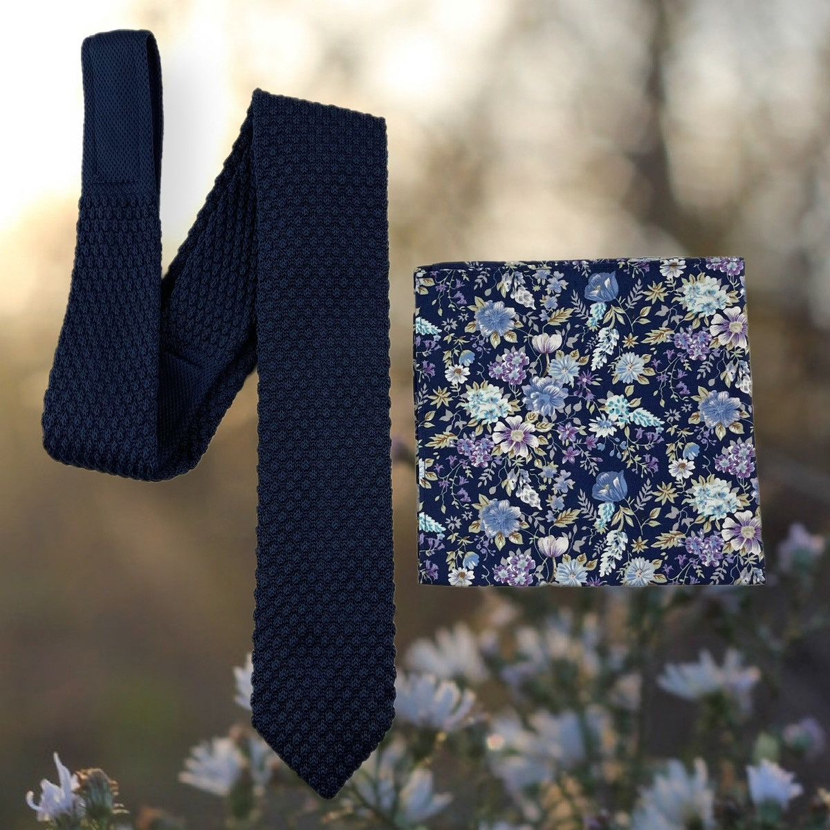 Other Men’s Navy Knit Necktie & Floral Pocket Square Set Size ONE SIZE - 3 Thumbnail