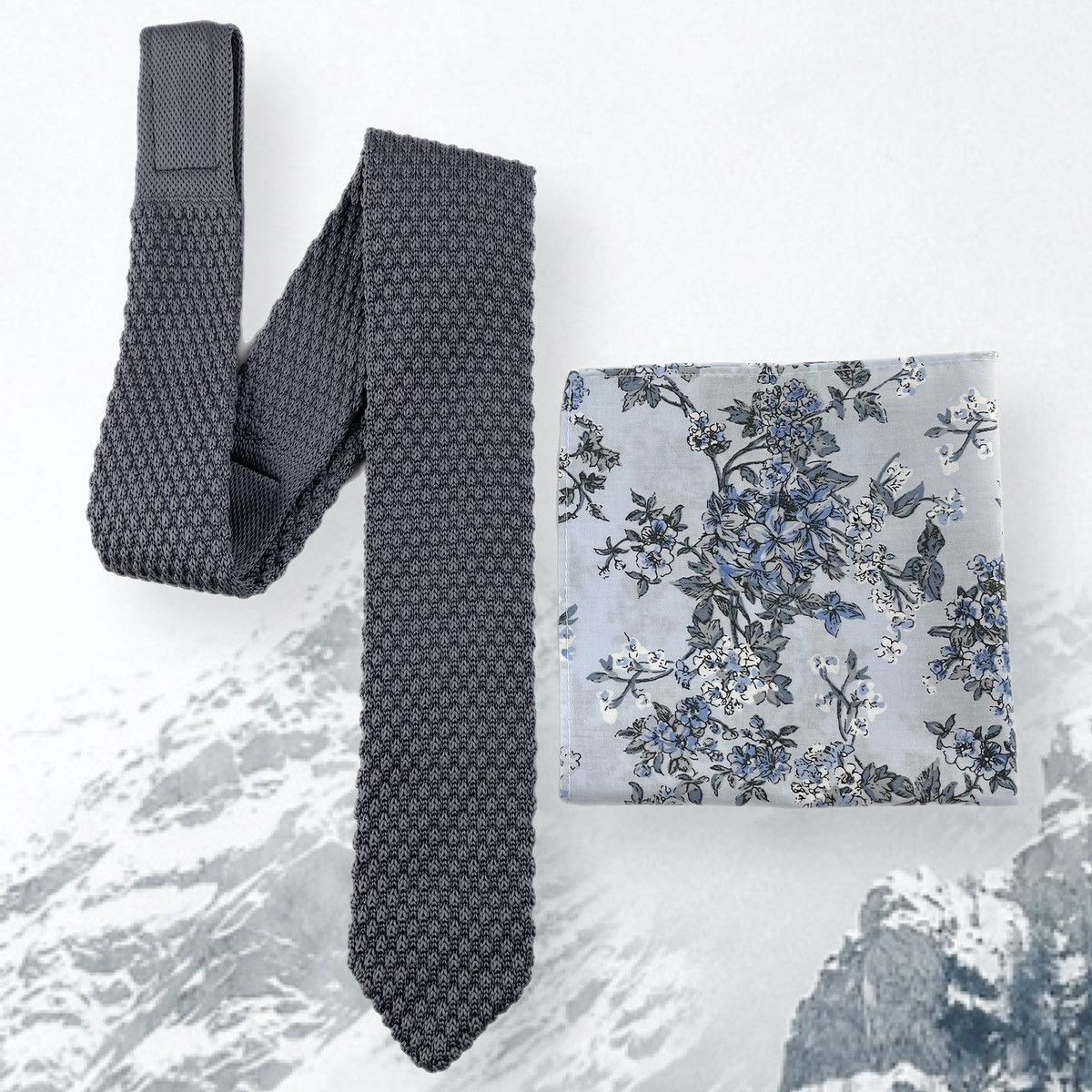 Other Men’s Gray Knit Necktie & Lt. Blue Floral Pocket Square Set Size ONE SIZE - 3 Thumbnail