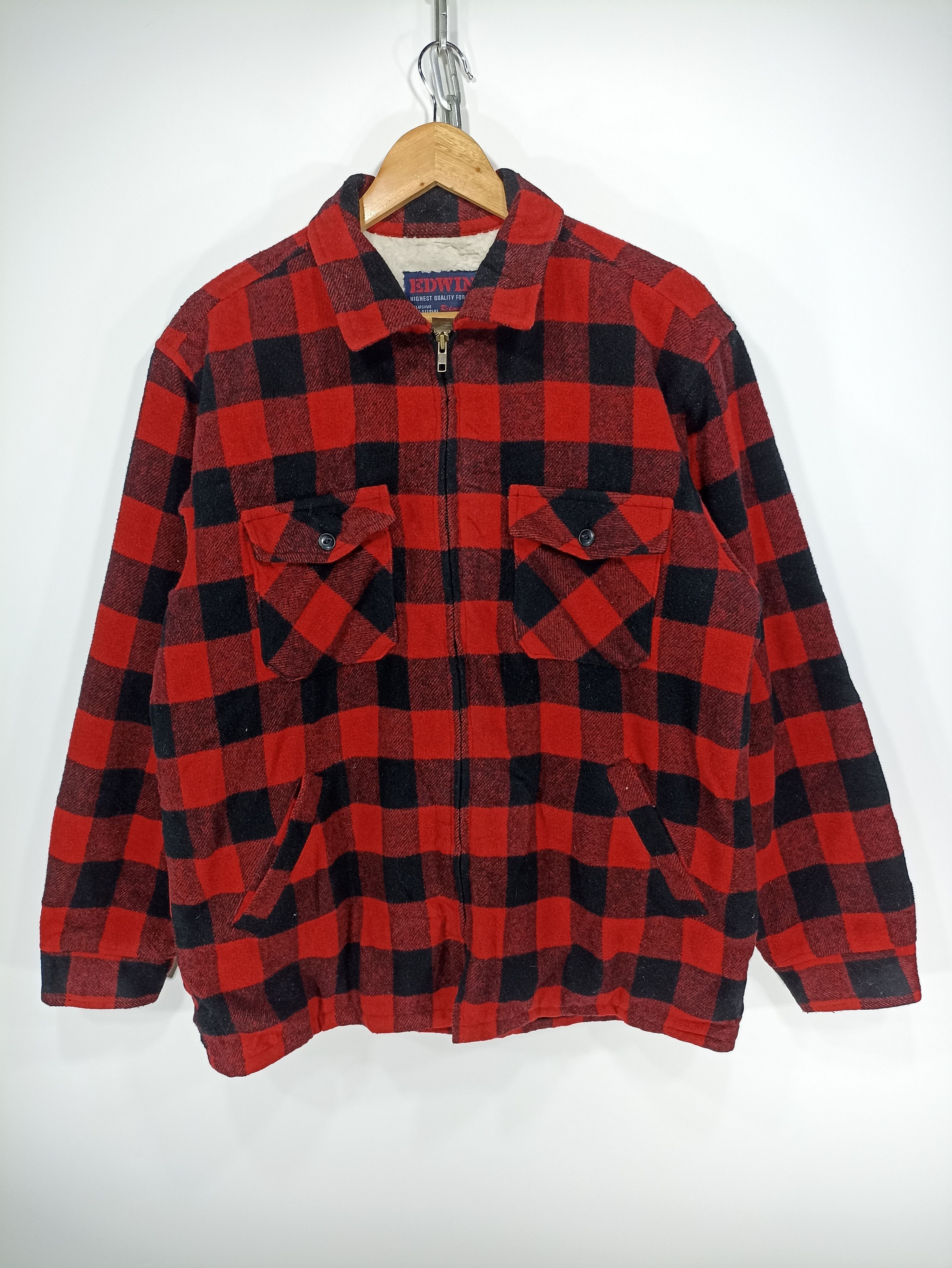 image of Edwin Wool Sherpa Jacket in Plaid Red, Men's (Size Large)