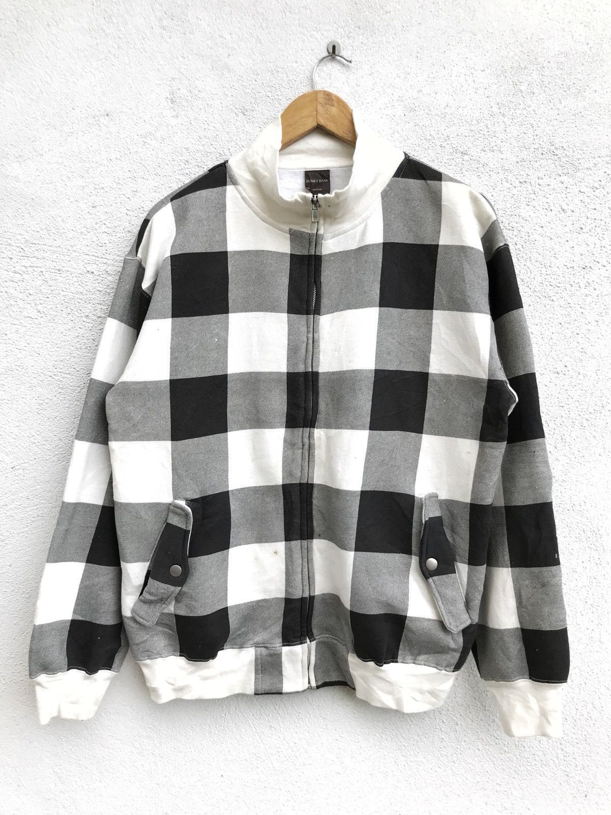 image of Designer Checked Zipper Jacket Funky Bass Brand Fleece Lining in Checkered, Men's (Size Medium)