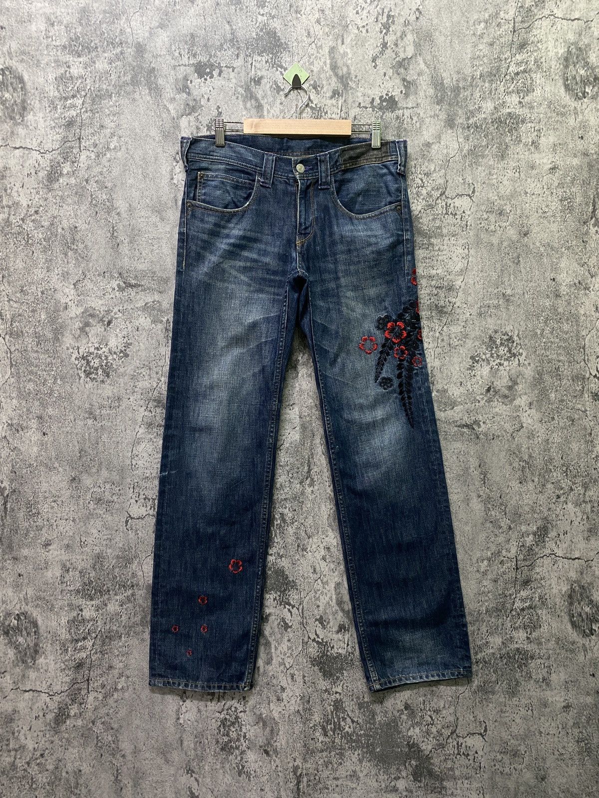 image of Designer Japanese Takeo Kikuchi Floral Motif Embroidered Denim in Blue, Men's (Size 31)