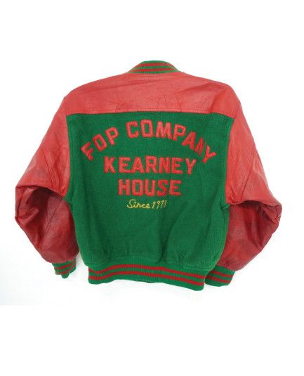 image of Kearney House Leather Sleeve Varsity Jacket in Green/Dark Red, Men's (Size Medium)