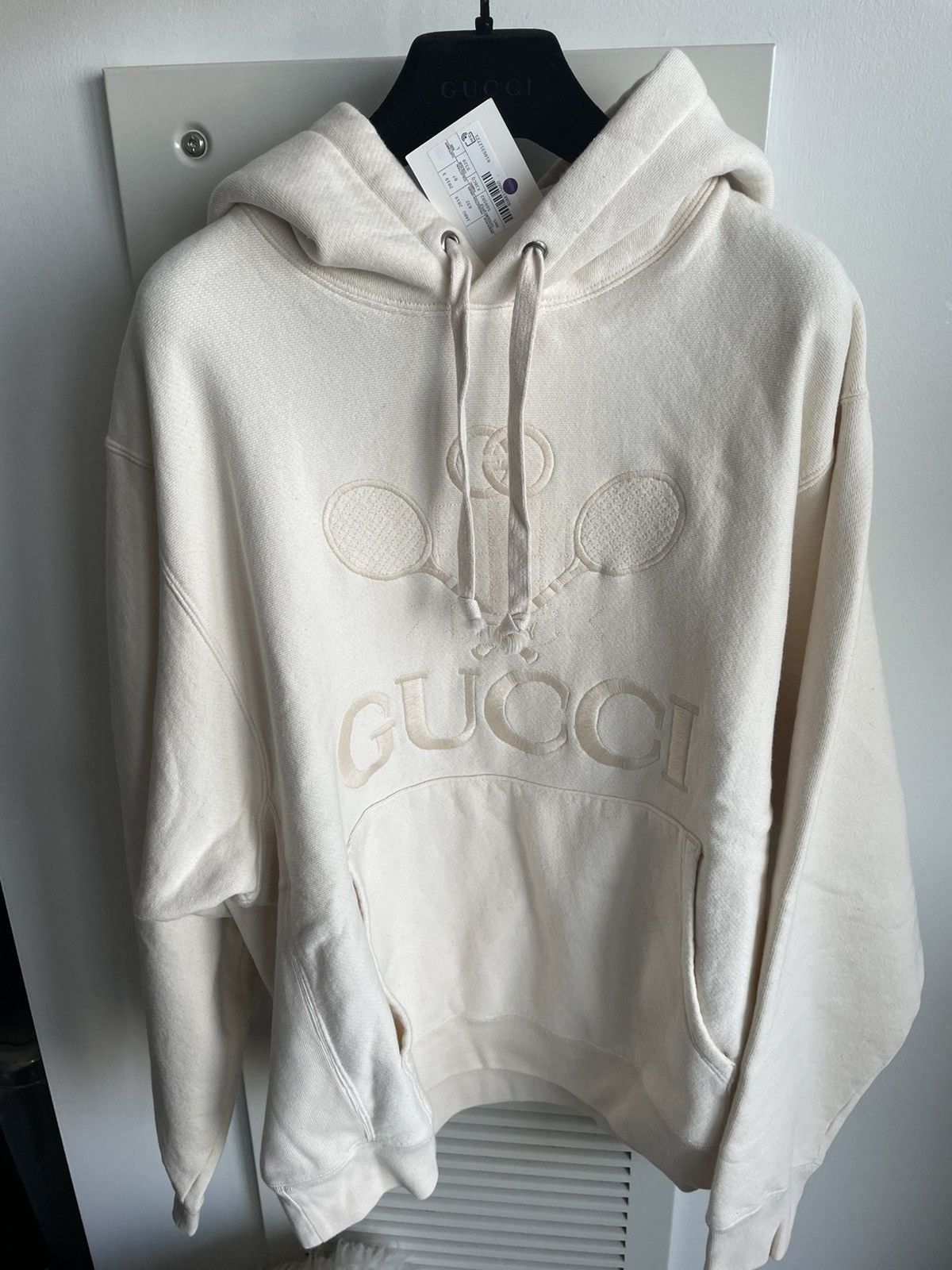 image of Gucci New Super Runway Soldout Embroidery Tennis Logo Hoodie in White, Men's (Size XL)