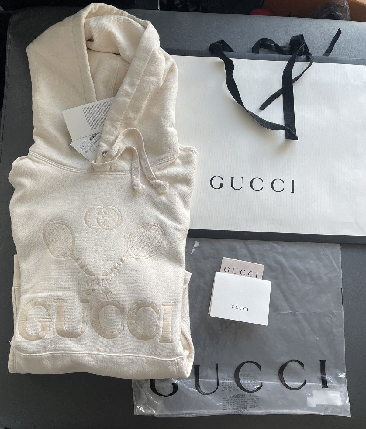 image of Gucci New Super Runway Soldout Embroidery Tennis Logo Hoodie in White, Men's (Size XL)