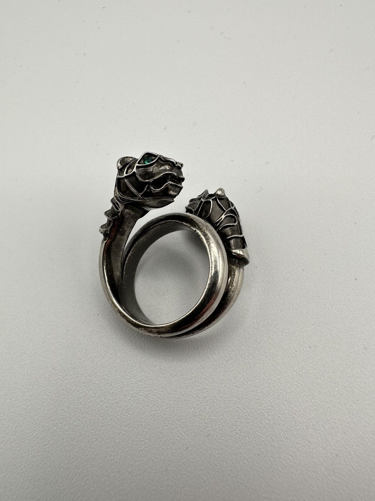 Sz 7.25 US Gucci Panthers Silver Ring with Emeralds