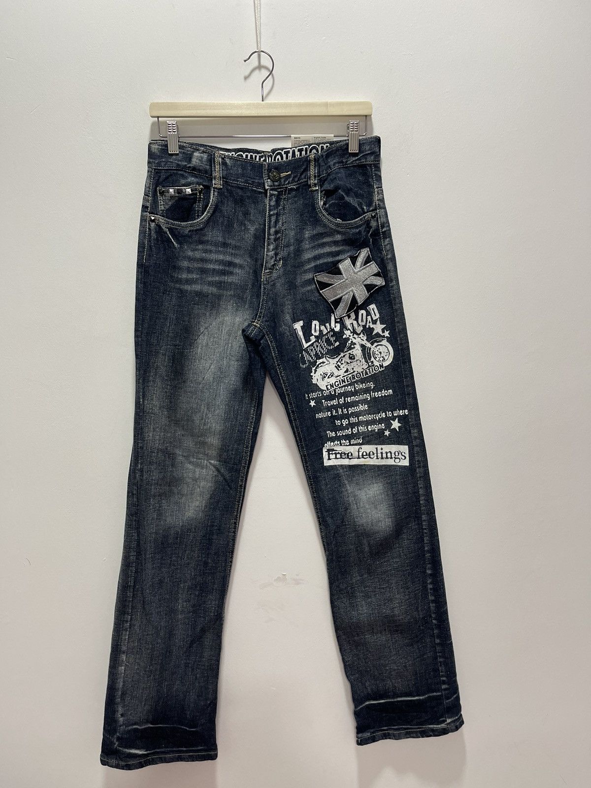 Japanese Brand × Vintage VINTAGE ENGINE ROTATION POEM MOTORCYCLE DISTRESSED JEANS Size US 30 / EU 46 - 2 Thumbnail