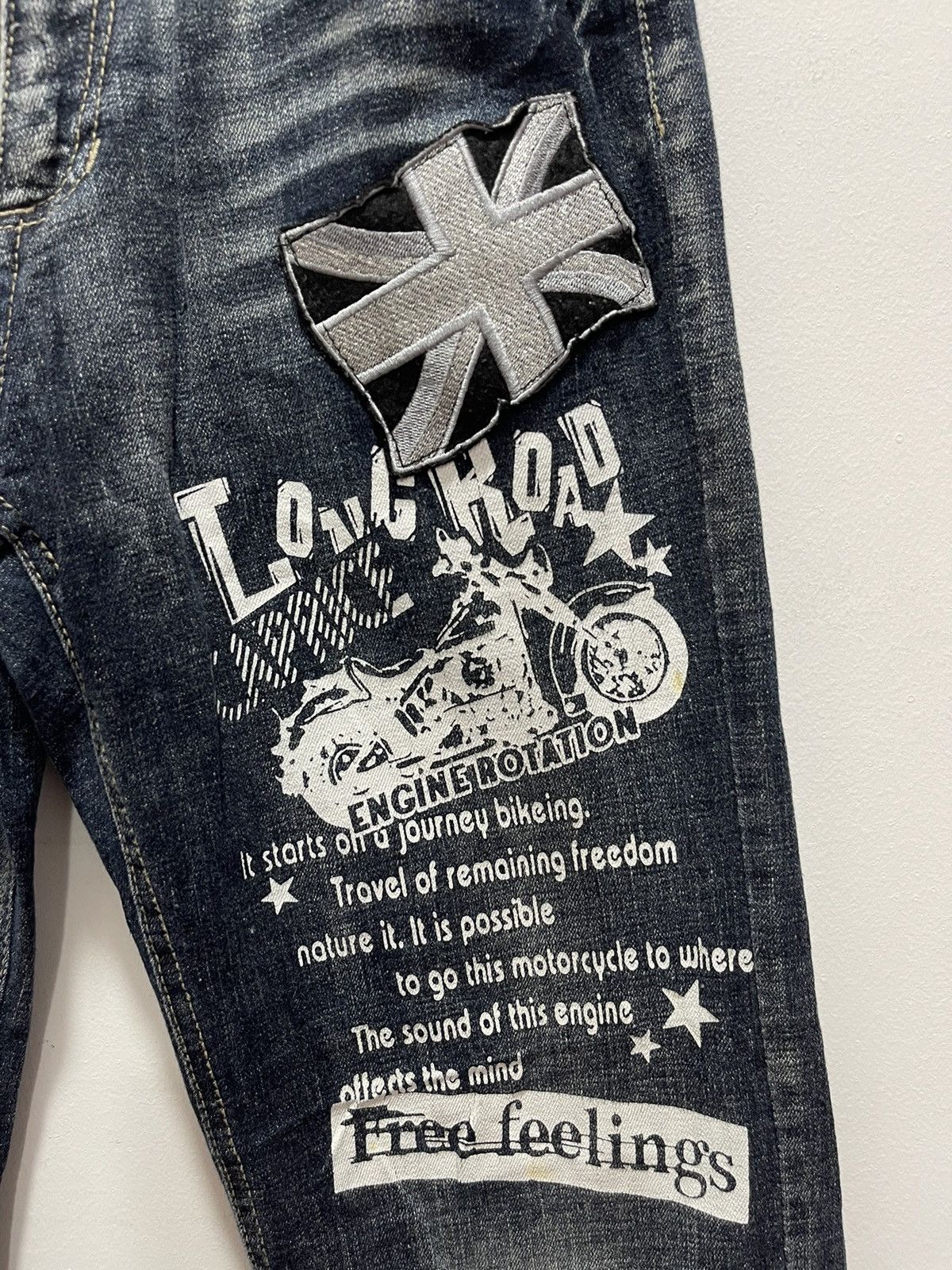 Japanese Brand × Vintage VINTAGE ENGINE ROTATION POEM MOTORCYCLE DISTRESSED JEANS Size US 30 / EU 46 - 9 Thumbnail