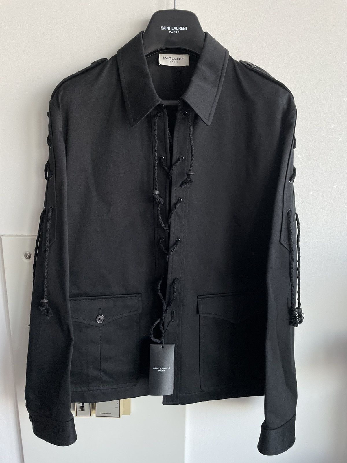 image of Hedi Slimane x Saint Laurent Paris $3K Sold Out Super Runway Laces Jacket Limited Edition in Black 