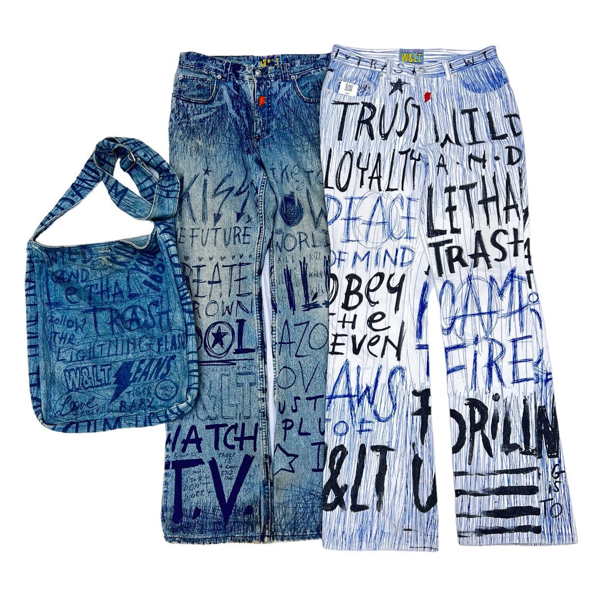 W&LT × Walter Van Beirendonck W & LT SS98 “Fetish For Beauty” Graffiti Denim Pants & bag Size US 32 / EU 48 - 1 Thumbnail