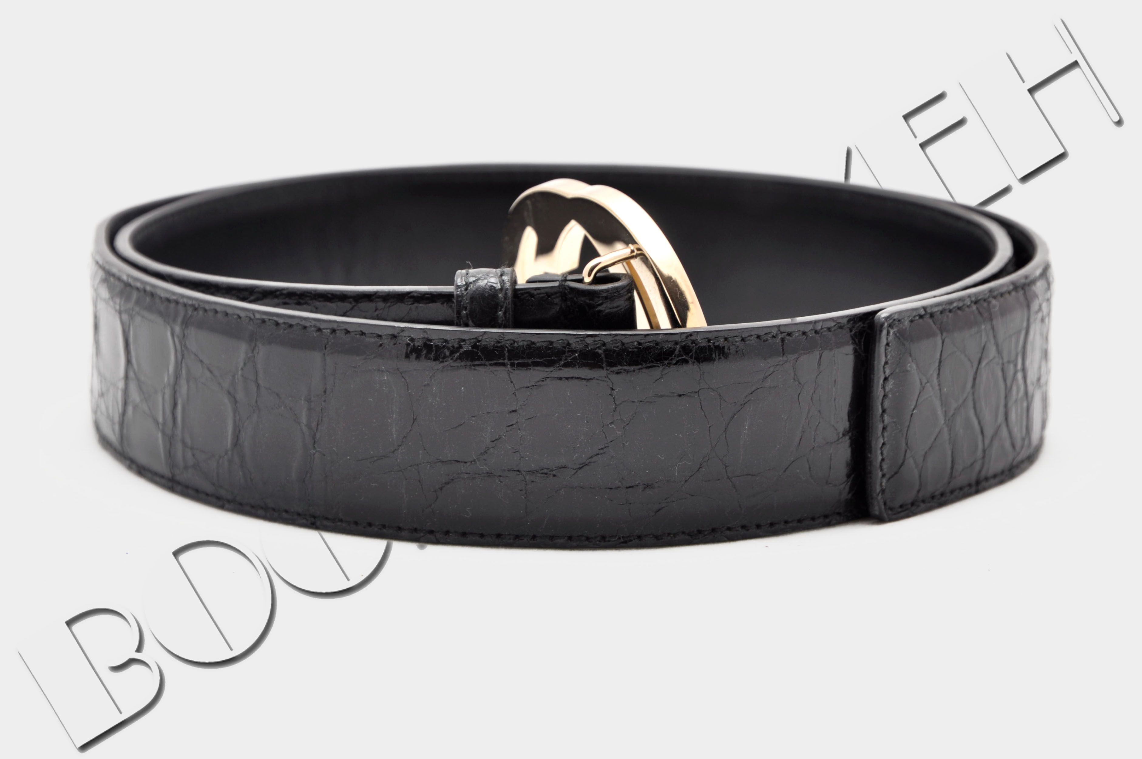 Gucci 1250$ Black Crocodile Leather Signature GG Buckle Belt Size 40 - 2 Thumbnail