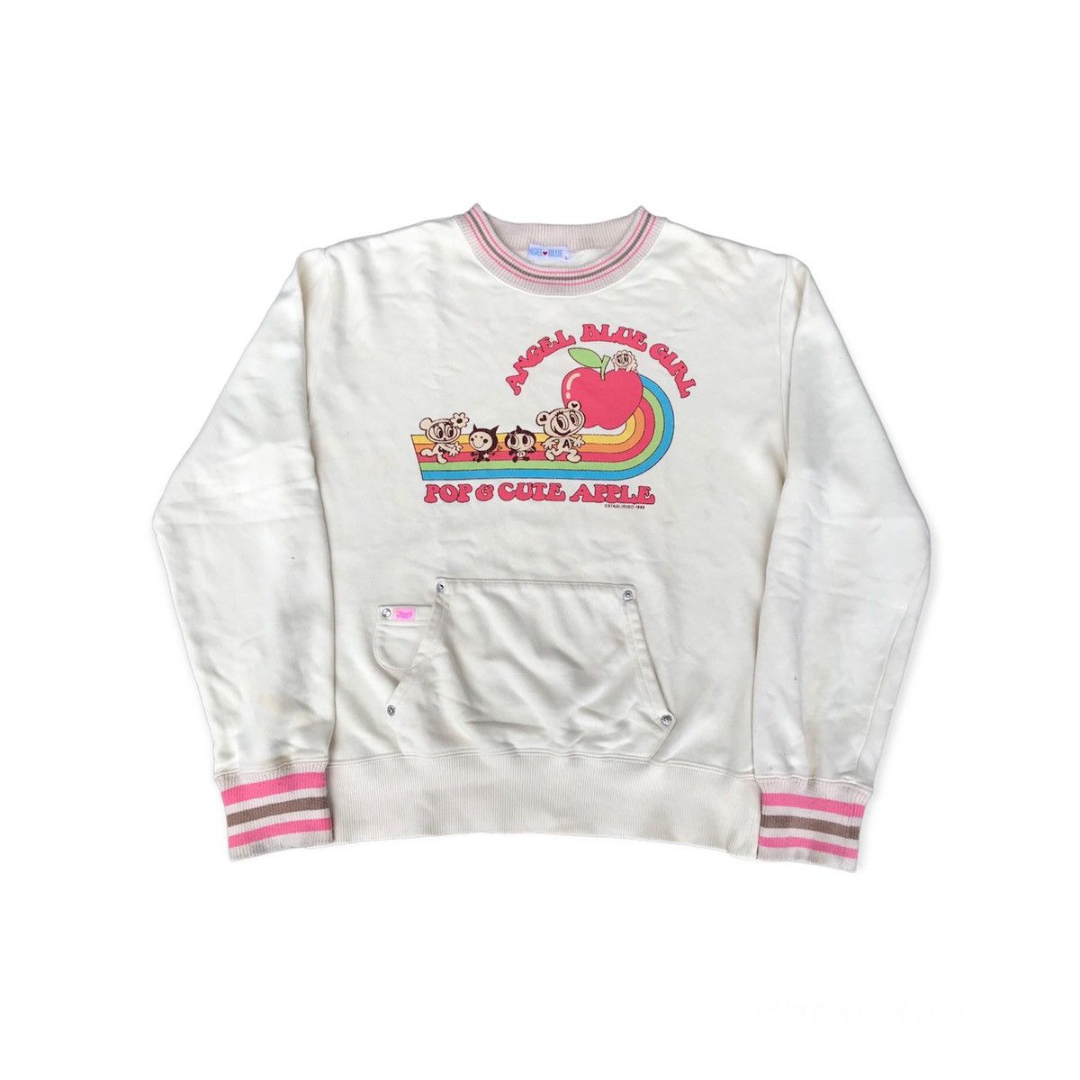 90s Angel Blue Girl Pop & Cute Apple Rainbow Sweatshirt - L