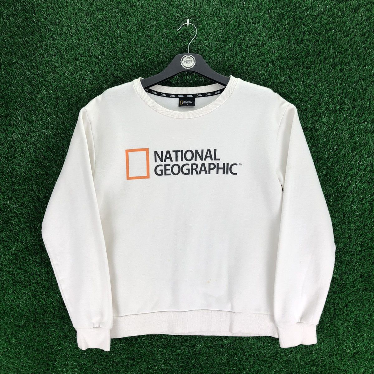 image of Vintage National Geographic Sweatshirts Running Man in White, Men's (Size Medium)