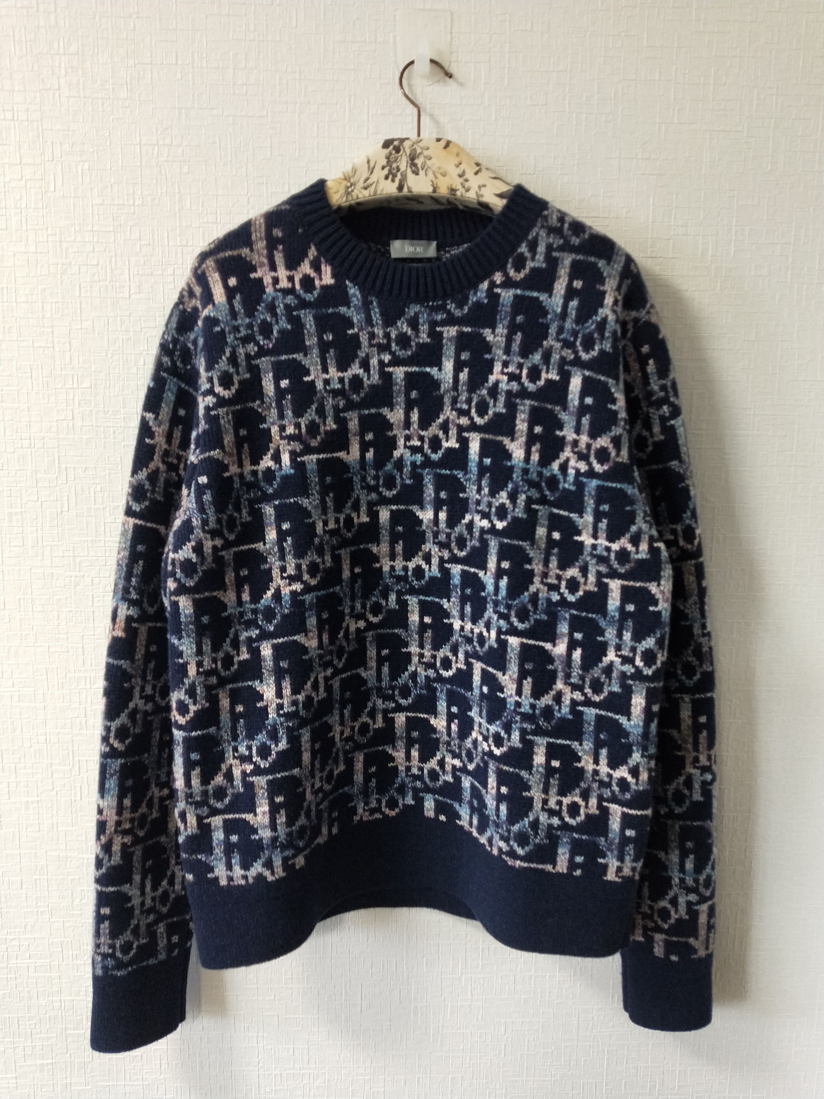 image of Dior Wool Jacquard Oblique Sweater in Navy, Men's (Size XL)